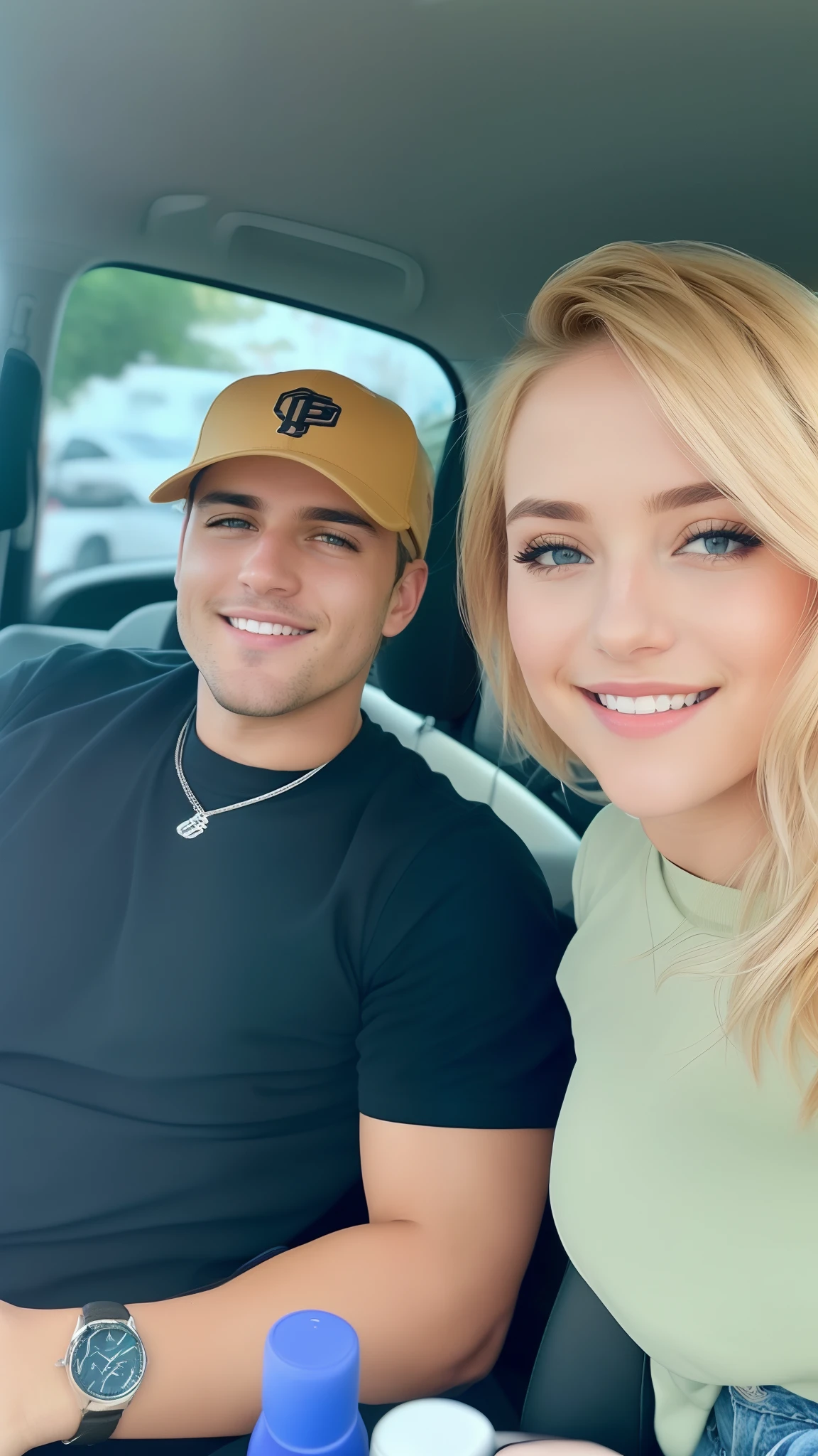 Blonde woman sitting in a car with a man in a baseball cap, imagem de perfil, facebook post, instagram post, foto de perfil, tirado no iphone 14 pro, foto do instagram, tirado no iphone 1 3 pro, foto do perfil, foto do instagram, taken in the early 2020s, foto do snapchat, instagram story, Tiro no iPhone 1 3 Pro, Casal feliz
