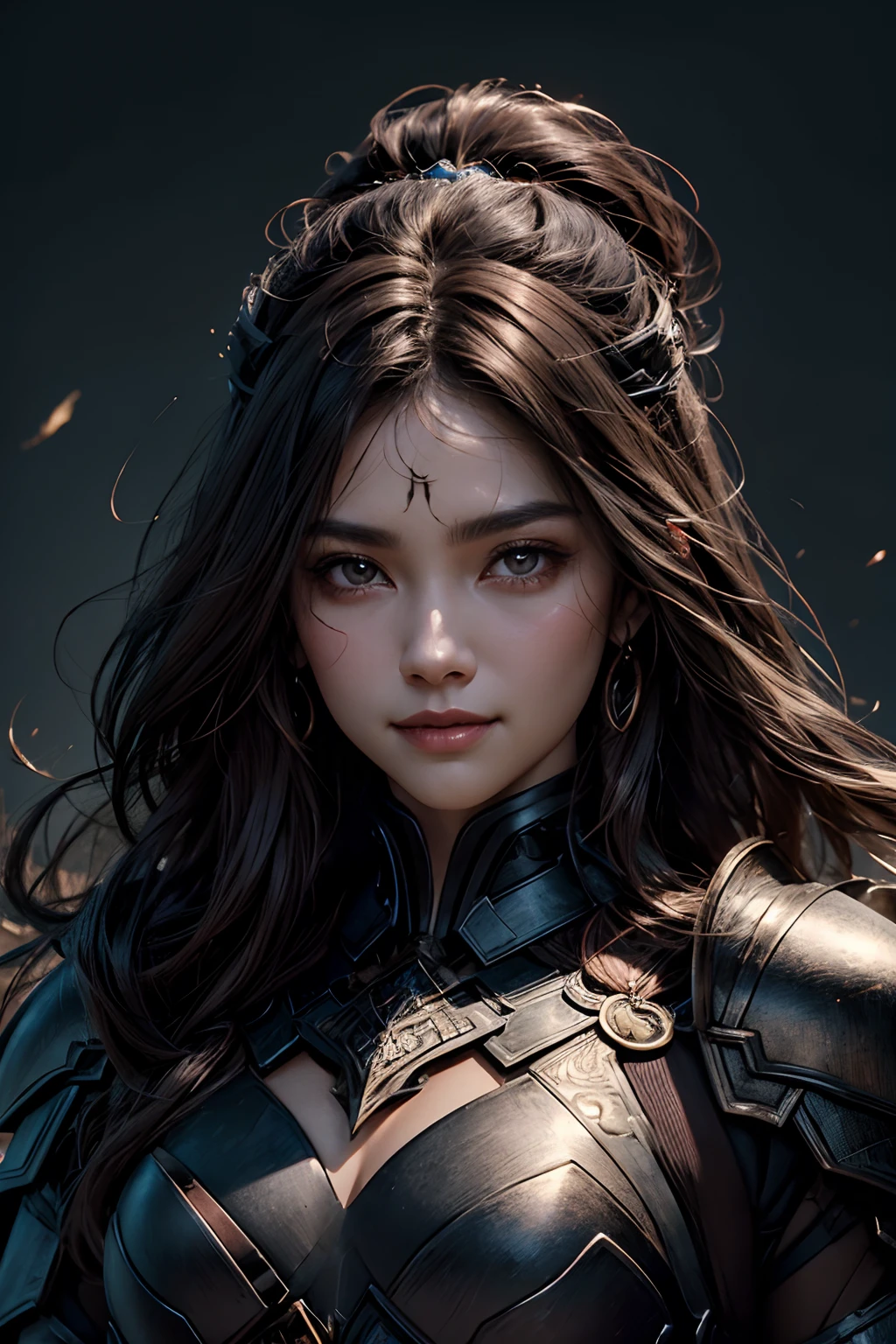 one beautiful woman。Detailed Face。Smiling and mesmerizing。Dark brown hair。He wears black armor with a scorpion motif.。The chest area is emphasized。8K Image Quality。Masterpiece。