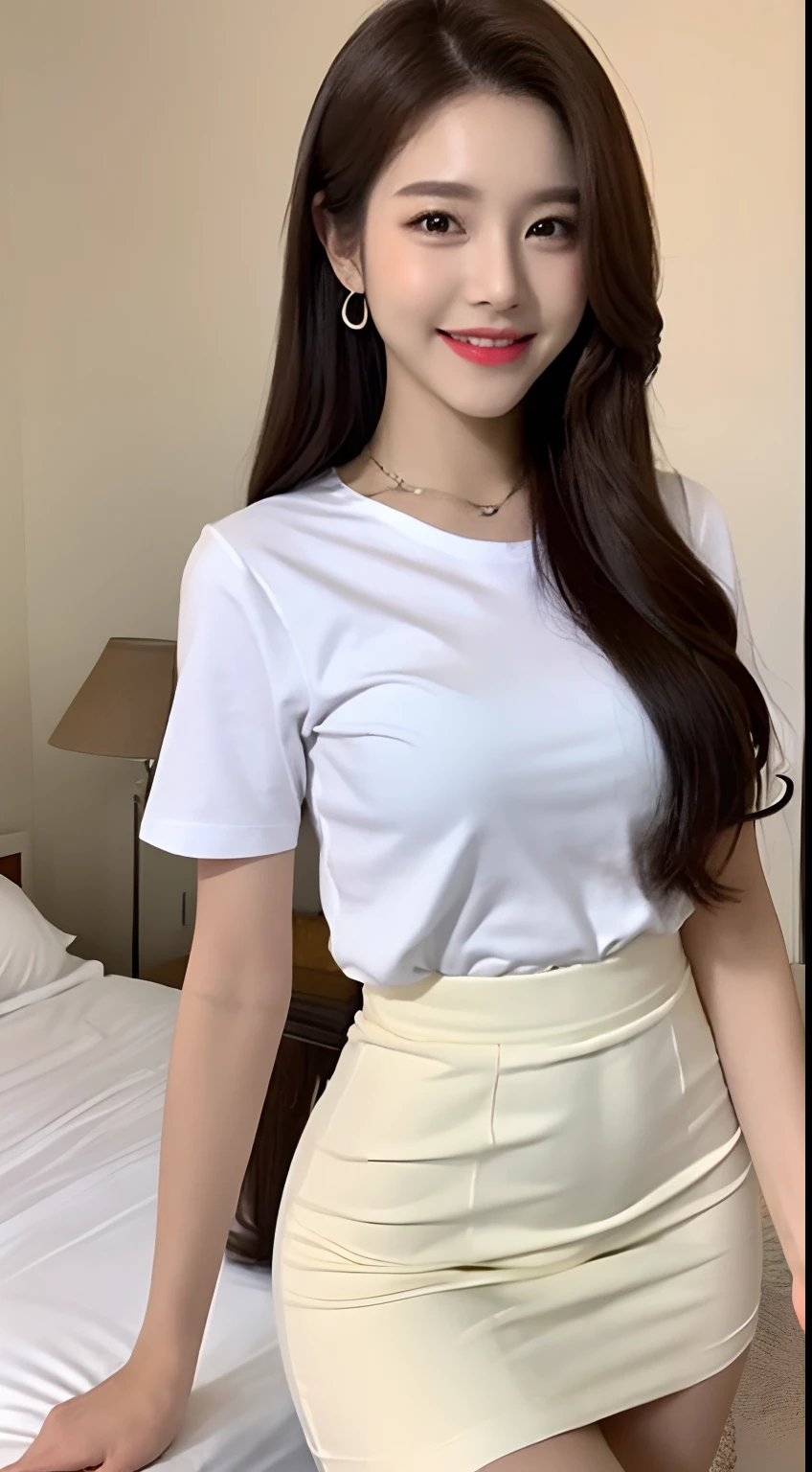 White tight shirt、White tight mini skirt、a bed、a smile、shortsleeves、high-level image quality