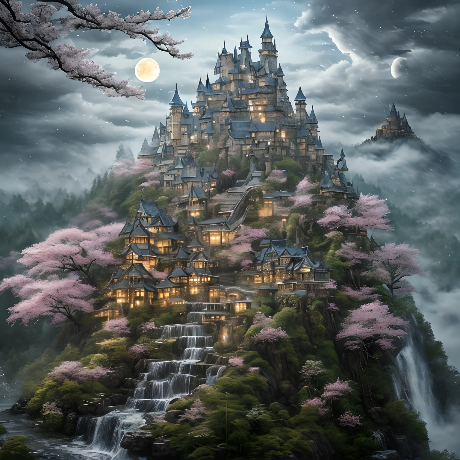 masterpiece、hightquality、Realistic、landscape shot、life-like、A detailed、Like the photo、A castle shining in the sky、God's castle in the sky、Castle in the Sky、Flying Castle、Castle of Glory、Castle above the clouds、A lush castle surrounded by cherry blossom trees、Sakura blizzard、Falling waterfall、a moon