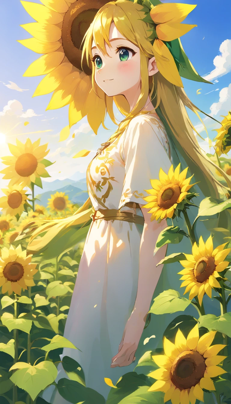 (Best quality, 4k, 8k, high-rise building, masterpiece: 1.2), ultra fine, Bright and vibrant colors, beautiful lighting, peaceful atmosphere, sunflowers blooming, blue sky and white clouds, lush green grass, soft and warm sunshine, calm and peaceful environment, refreshing morning scenery, meticulous sunflower petals, dazzling yellow petals, exquisite green stems, looking up at the sky, tall and majestic sunflowers, blooming with life and vitality, the beauty and elegance of nature, gently swaying in the breeze, camping Creating a sense of tranquility and harmony, filled with joy and optimism, is a symbol of happiness and sunshine. Invitation and welcome are like opening up arms to welcome a new day, spreading positive energy and warmth, perfectly opening the new year.
