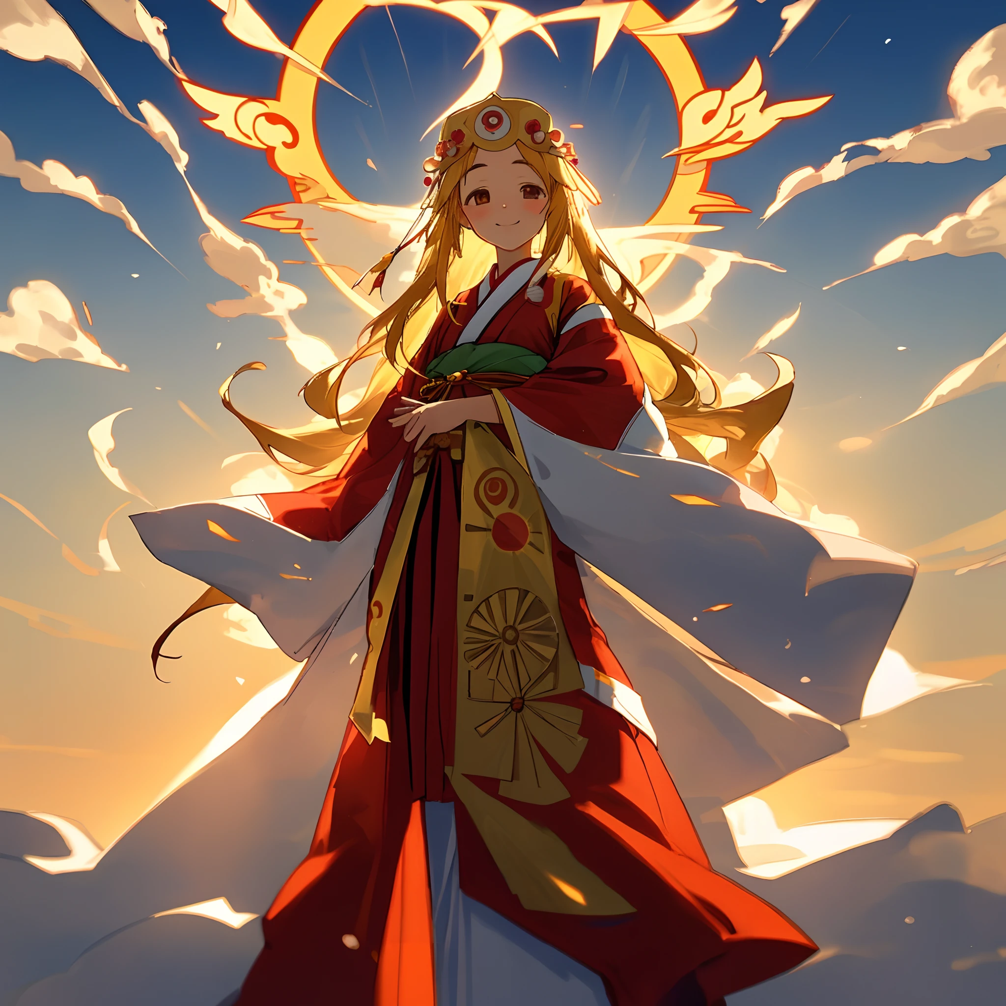 Generate an image of Amaterasu the Great。She stands in the center and、Golden hair shines in the background。Her outfit is a traditional red outfit、The ornaments worn have a sun motif。There is a gentle smile on her beautiful face.、Sunlight spreads around her。The sky spreads out in the background.、It has a sacred atmosphere