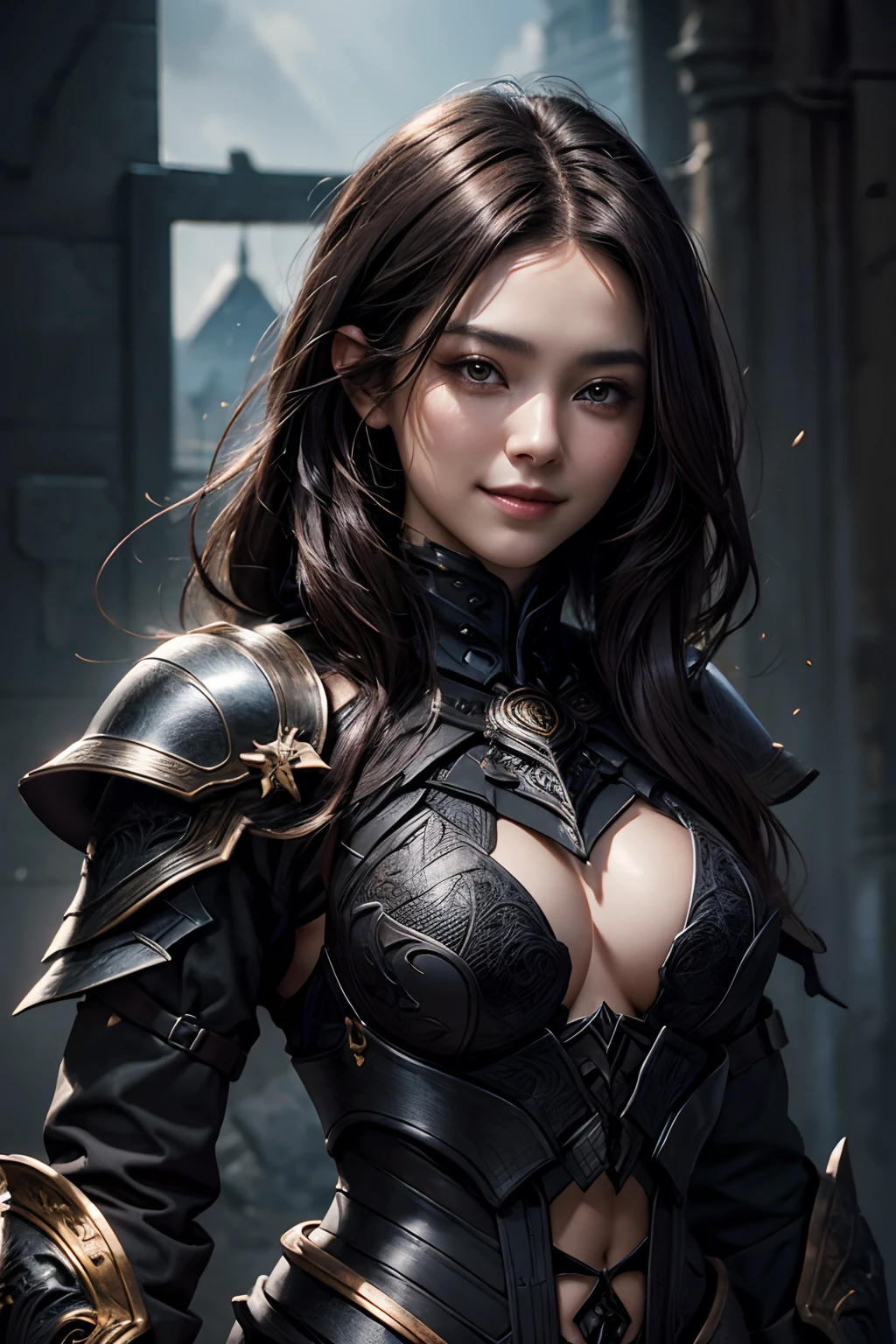 one beautiful woman。Detailed Face。Smiling and mesmerizing。Dark brown hair。He wears black armor with a scorpion motif.。The chest area is emphasized。８K Image Quality。Masterpiece。