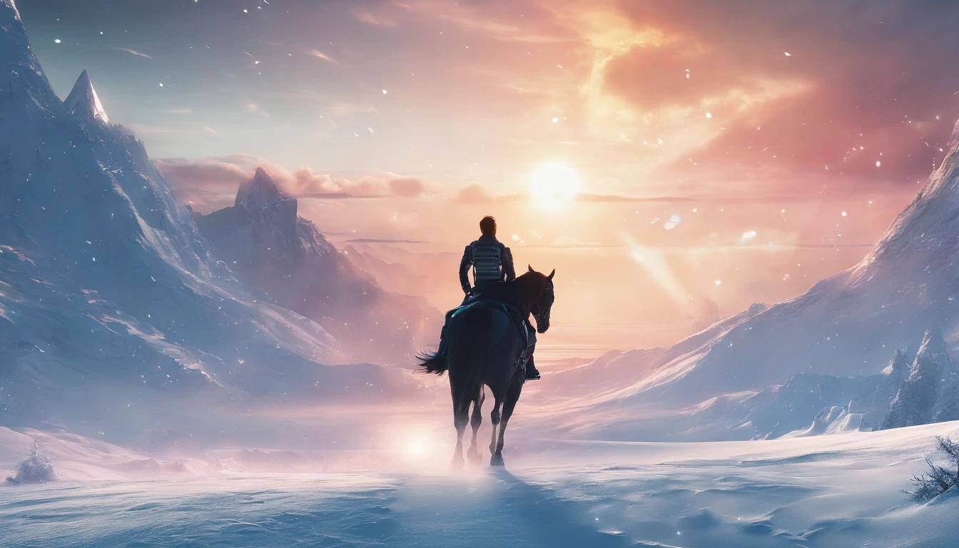 A young man rides a horse in the snow, high-quality face