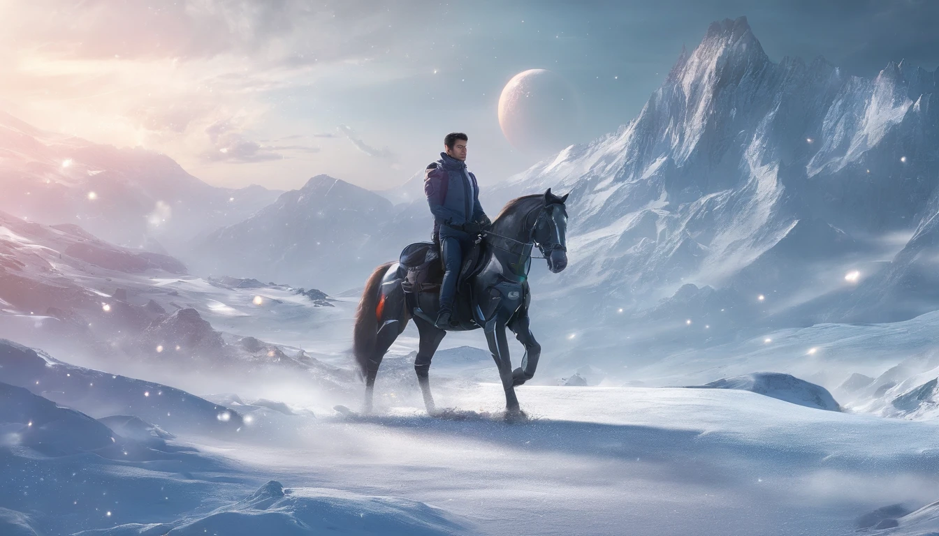 A young man rides a horse in the snow, high-quality face