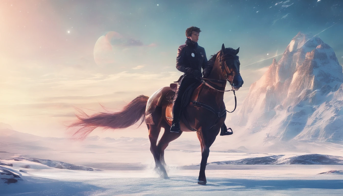 A young man rides a horse in the snow, high-quality face