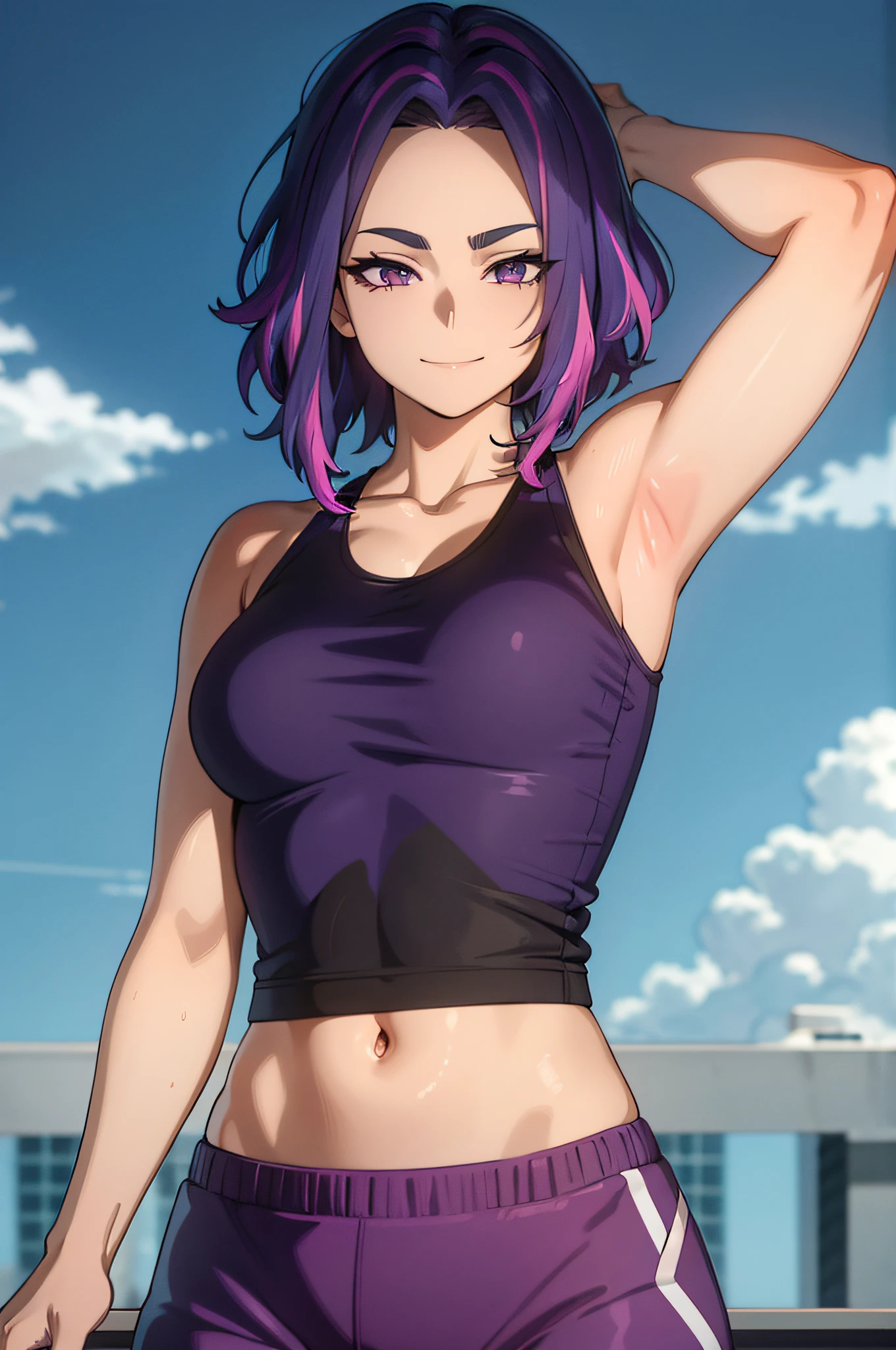 1girl, short hair, purple hair, multicolored hair, purple eyes,.masterpiece, best quality, photorealistic, yujiasuit, yoga sports bra, yoga pants, 1girl, solo, , yoga ball, pants, looking at viewer, smile, green sports bra, simple background, , midriff, long hair, breasts, green pants, sportswear, tank top, upper body