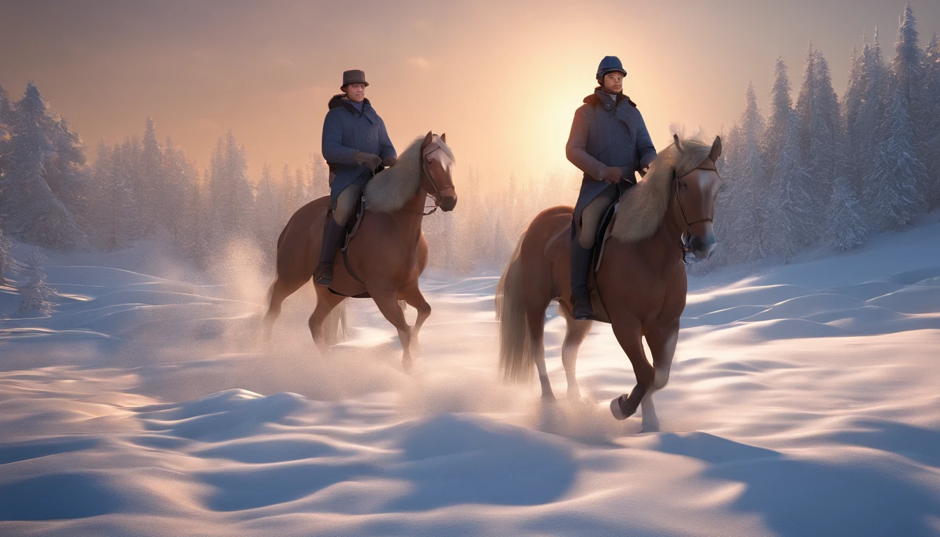 A young man rides a horse in the snow, high-quality face