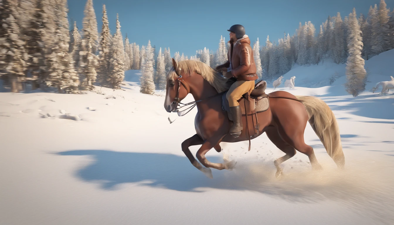 A young man rides a horse in the snow, high-quality face