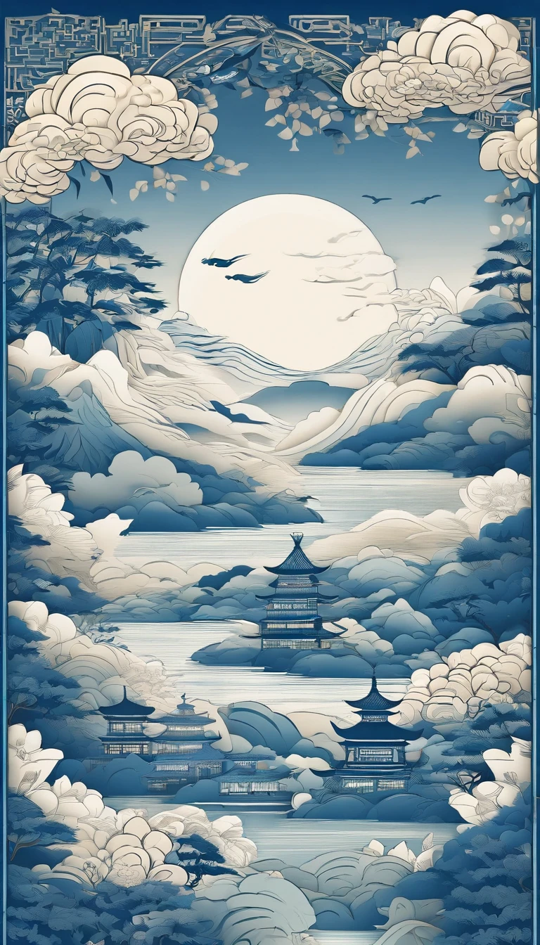 Chinese illustration on blue background, Auspicious clouds, 16k, 。...。.3D, Sam, saw, Many Chinese buildings, ,gardens,mountain water,Sea of Clouds,Multi-dimensional paper filling, Composition of the tunnel, warm lights, hyper HD, Elevation perspective,Ultra photo realsisim, morandi color, exquisitedetails, A. General view, Epic detail