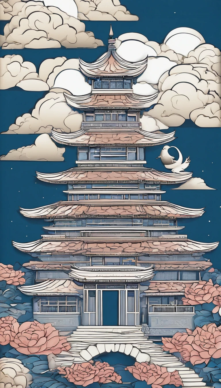 Chinese illustration on blue background, Auspicious clouds, 16k, 。...。.3D, Sam, saw, Many Chinese buildings, ,gardens,mountain water,Sea of Clouds,Multi-dimensional paper filling, Composition of the tunnel, warm lights, hyper HD, Elevation perspective,Ultra photo realsisim, morandi color, exquisitedetails, A. General view, Epic detail
