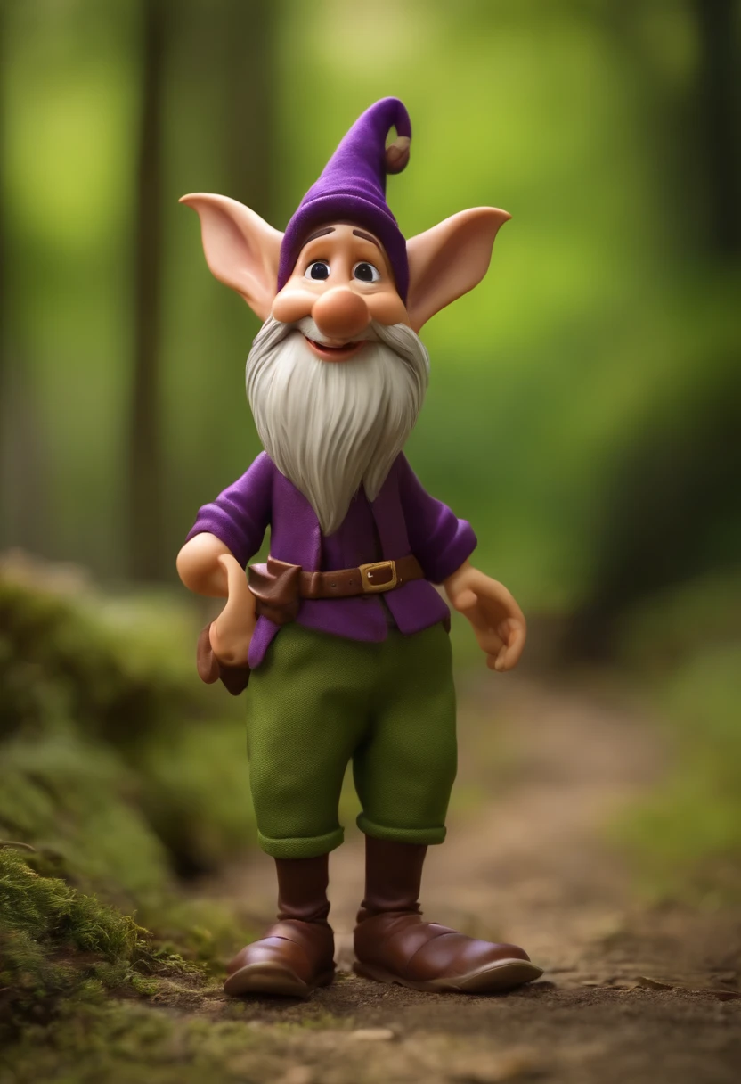 There's a little toy gnome that's standing on a path,
(((camisa verde-clara))),(((Gorro roxo))),
(((brown pant))), (((sapato marrom))),
(((large, droopy ears))),
Disney foto realista