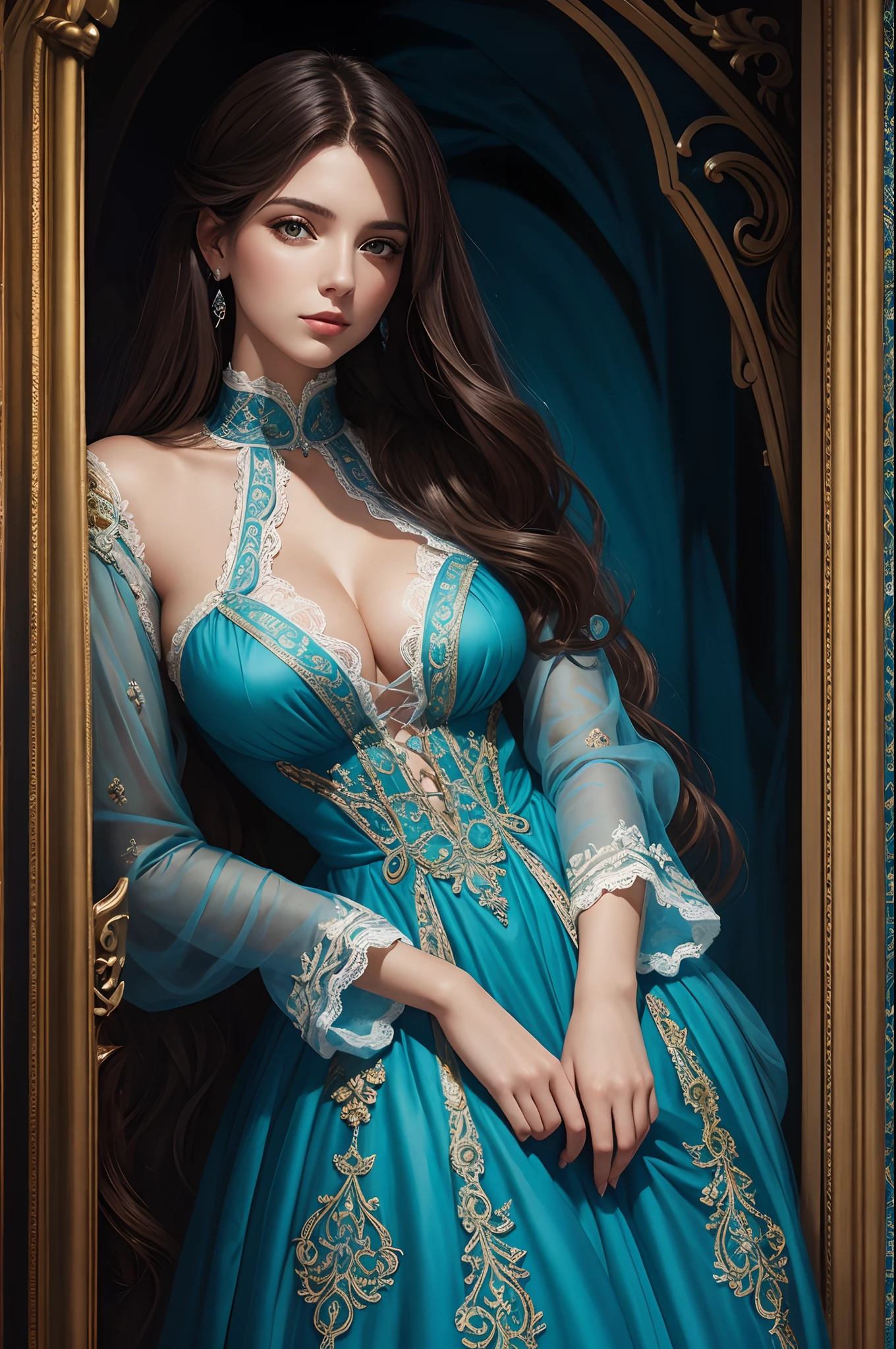 Michael Cheval style illustration of a twenty-year-old woman, very beautiful, similar to Ariadne Díaz, dressed in a beautiful turquoise blue lace dress