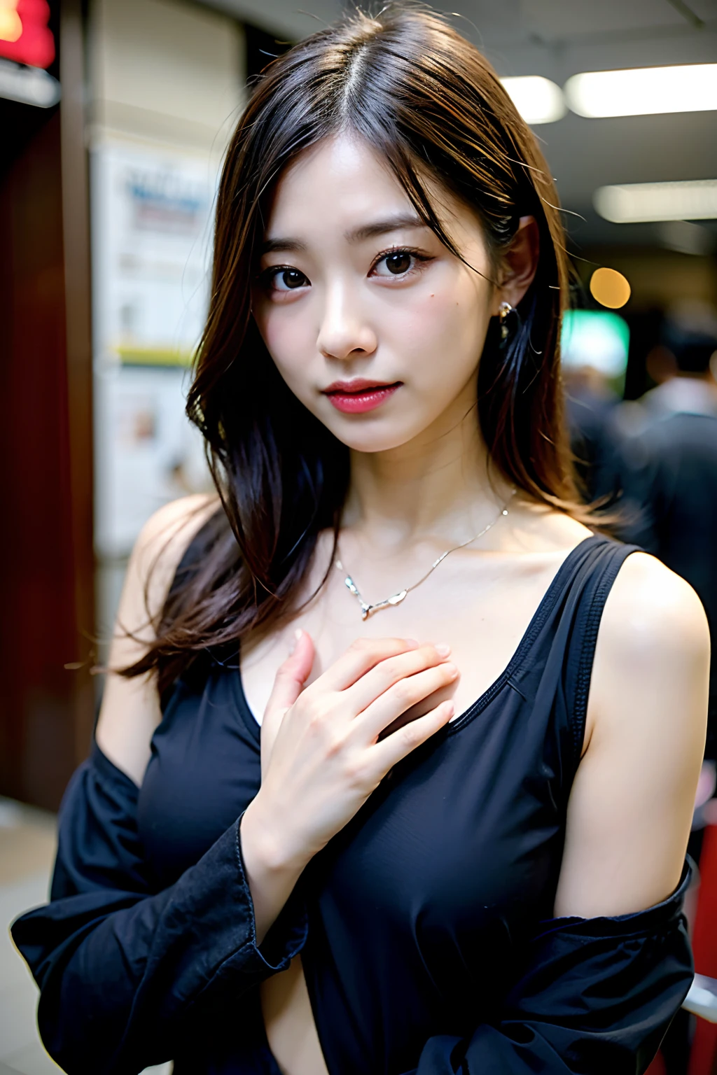 Ordinary woman in plain clothes、Black clothe、Harsh flash photography、[photos realistic]!!,Candid flash photography、magnifica、Masa Nakayama、flash photo、Sui Ishida、Put your hands on your chest、Overlapping hands、Hold the chest down、adult lady、Promotional photos、Beautiful clothes、age 30s