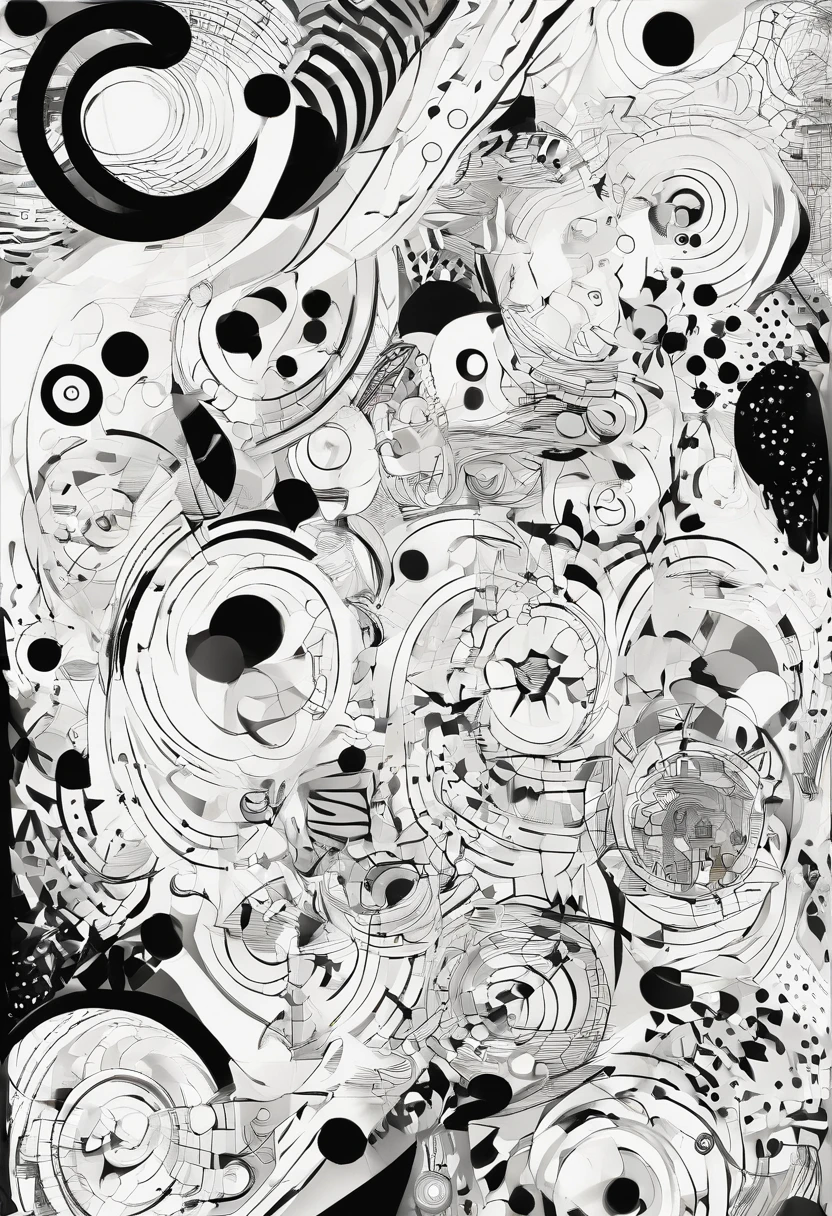 Visualize neutral colors (black and white) with all the design elements, including dots, lines, planes, chunks, textures yourself and apply them to a dual-dimensional work. based on the song patience - take that