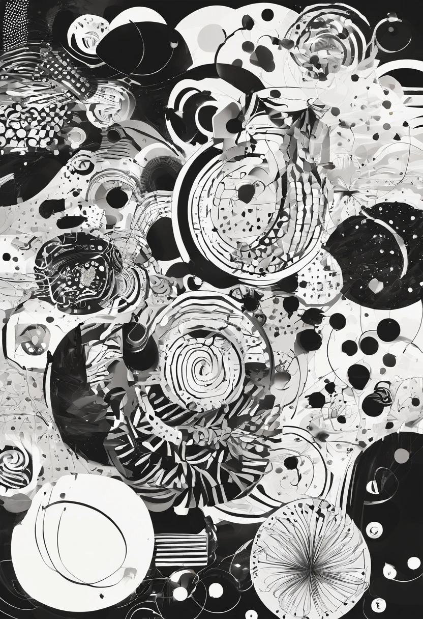 Visualize neutral colors (black and white) with all the design elements, including dots, lines, planes, chunks, textures yourself and apply them to a dual-dimensional work. based on the song patience - take that