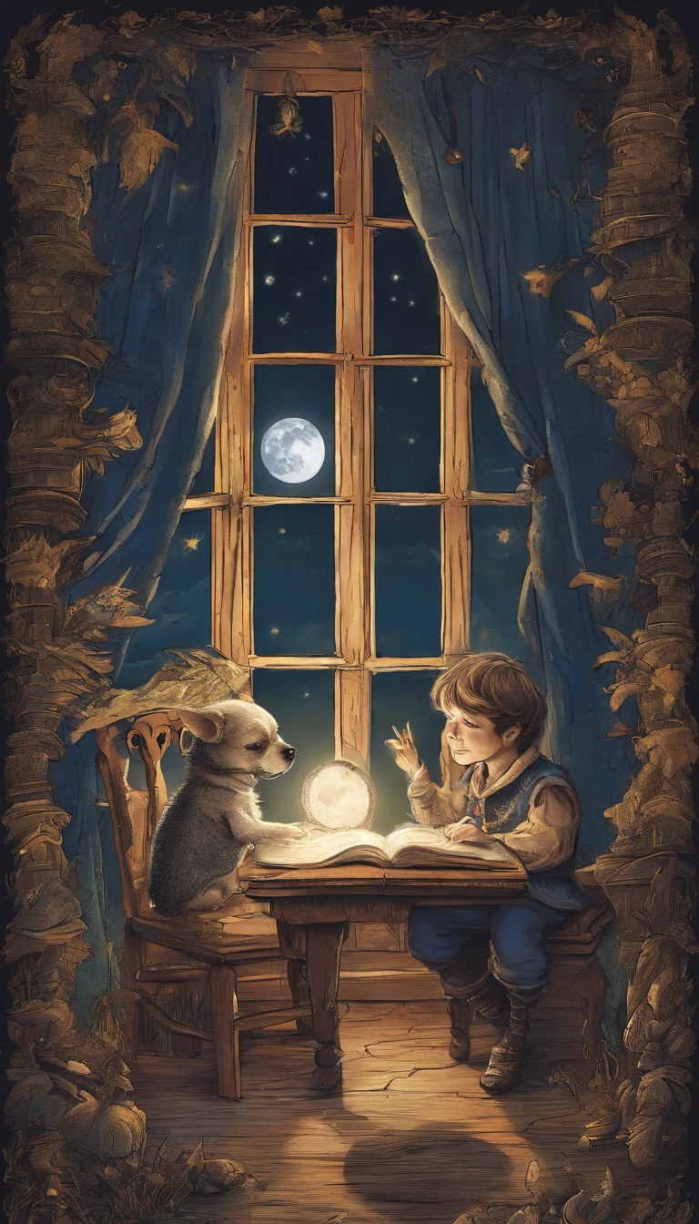 A little boy does his homework at night in front of the window,There was a moon outside the window,Accompanied by a puppy