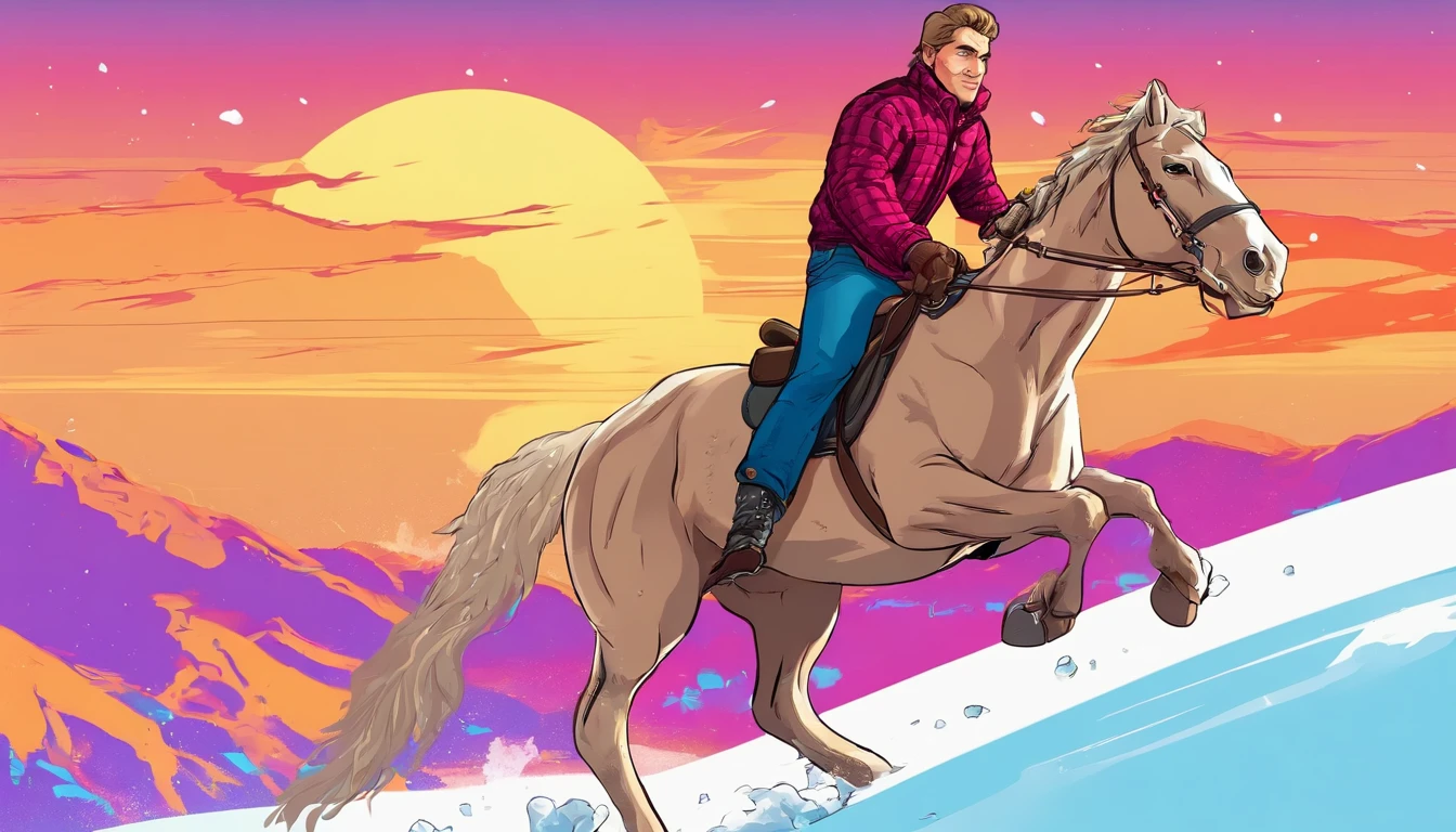 A young man rides a horse in the snow, high-quality face