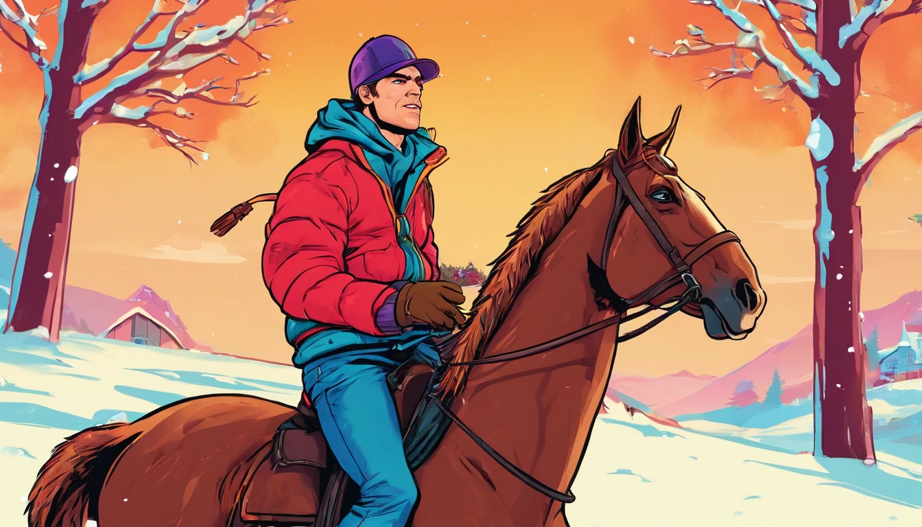 A young man rides a horse in the snow, high-quality face