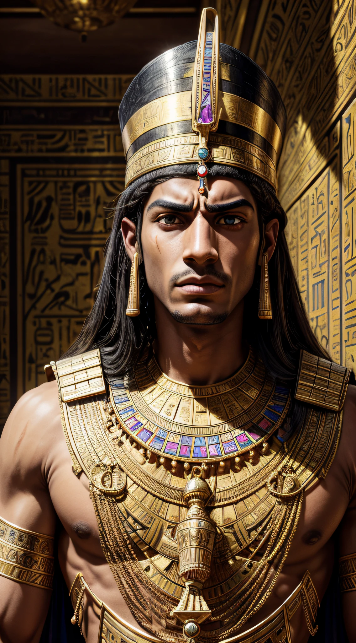 A distressed Egyptian pharaoh, clutching his jaw in agony, surrounded by his worried courtiers, in the opulent halls of his palace, (best quality,4k,8k,highres,masterpiece:1.2), ultra-detailed, (realistic,photorealistic,photo-realistic:1.37), dramatic lighting, Egyptian gold, intricate hieroglyphics, royal Egyptian costumes, intricate carvings, ornate palace architecture, vibrant colors, ancient Egyptian mural style, eyes filled with pain, falcon motifs, pharaoh's powerful presence, intense emotional expressions, shimmering gemstones.