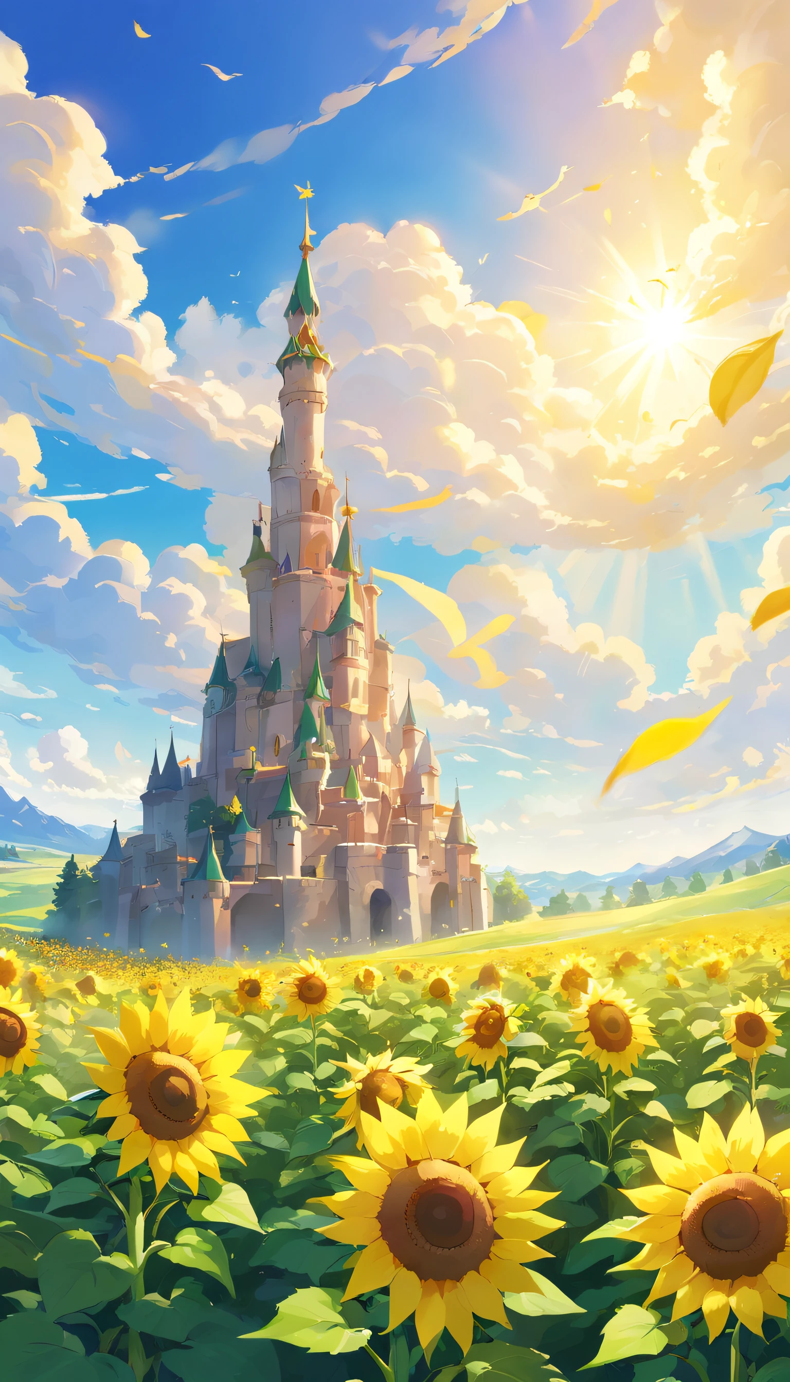 (Best quality, 4k, 8k, high-rise building, masterpiece: 1.2), ultra fine, Bright and vibrant colors, beautiful lighting, peaceful atmosphere, sunflowers blooming, blue sky and white clouds, lush green grass, soft and warm sunshine, calm and peaceful environment, refreshing morning scenery, meticulous sunflower petals, dazzling yellow petals, exquisite green stems, looking up at the sky, tall and majestic sunflowers, blooming with life and vitality, the beauty and elegance of nature, gently swaying in the breeze, camping Creating a sense of tranquility and harmony, filled with joy and optimism, is a symbol of happiness and sunshine. Invitation and welcome are like opening up arms to welcome a new day, spreading positive energy and warmth, perfectly opening the new year.