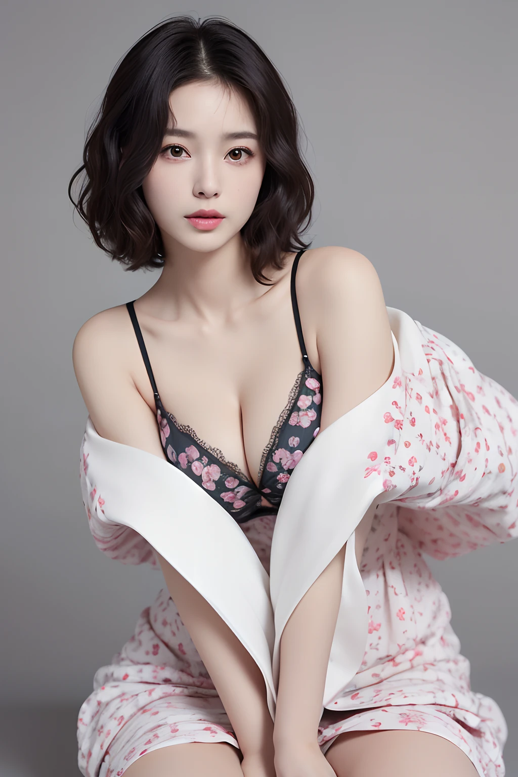(((1 curly short hair girl:1.3, Solo))), Very beautiful and beautiful Japanese woman with glasses, (((symetry:1.5, centered image:1.5))), (1 Has an emphatic and fascinating cleavage: Composition of 1), (Extremely close image of the face:1.5), (sexy model), Professional attire, (22 years old: 1.1), (From below:1.3), (Low angle:1.3), (ground level shot:1.3), (Leaning forward:1.5), ((girl on top:1.5)), (Rest your arms behind your legs:1.3), (Attractive random poses:1.3), Break, (Curly short hair:1.3), (Shiny black thinning hair:1.2), (Messy hair in waves:1.3), (Curl the inside:1.3), bangs, Wind, Floating hair, Dark brown eyes, Beautiful eyes, Princess Eyes, bangs, hair between eye, Short hair:1.3, (Moles under eyes:1.3), curby, Abs, Perfect abs, (gigantic-breasts:1.5, Sagging breasts:1.5, disproportionate-breasted:1.5), (Thin waist: 1.15, Abs:0.95), (detailed beautiful girl: 1.4), parted lip, Red lips, Full makeup, (Shiny skin), ((Perfect female body)), (Upper body image:1.3), Perfect anatomy, Perfect proportions, (The most beautiful Korean actress face:1.3, Extremely cute and beautiful Japanese actress face:1.3, Seductive light smile, cheerfulness, Break, (bare shoulders, Chest squeezed together, View viewer, (Cream chest, striking placket, elegant cotton floral print camisole, dress:1.3), (tightly dress:1.3), Detailed clothes, (Wearing a robe:1.3), Break, (Simple dark gray background:1.2), (Dark background), (Soft studio lighting: 1.3), (Fake lights: 1.3), (Backlight: 1.3), Break, (Realistic, Photorealistic: 1.37), (Masterpiece, Best quality: 1.2), (超高分辨率: 1.2), (RAW photo: 1.2), (Sharp focus: 1.3), (Face focus: 1.2), (Ultra detailed CG unified 8K wallpaper: 1.2), (Beautiful skin: 1.2), (Pale skin: 1.3), (super sharp focus: 1.5), (super sharp focus: 1.5), (Beautiful pretty face: 1.3), (Super detailed background, detailedbackground: 1.3), Ultra Realistic Photo, Hyper Sharp Image, Hyper Detail Image,