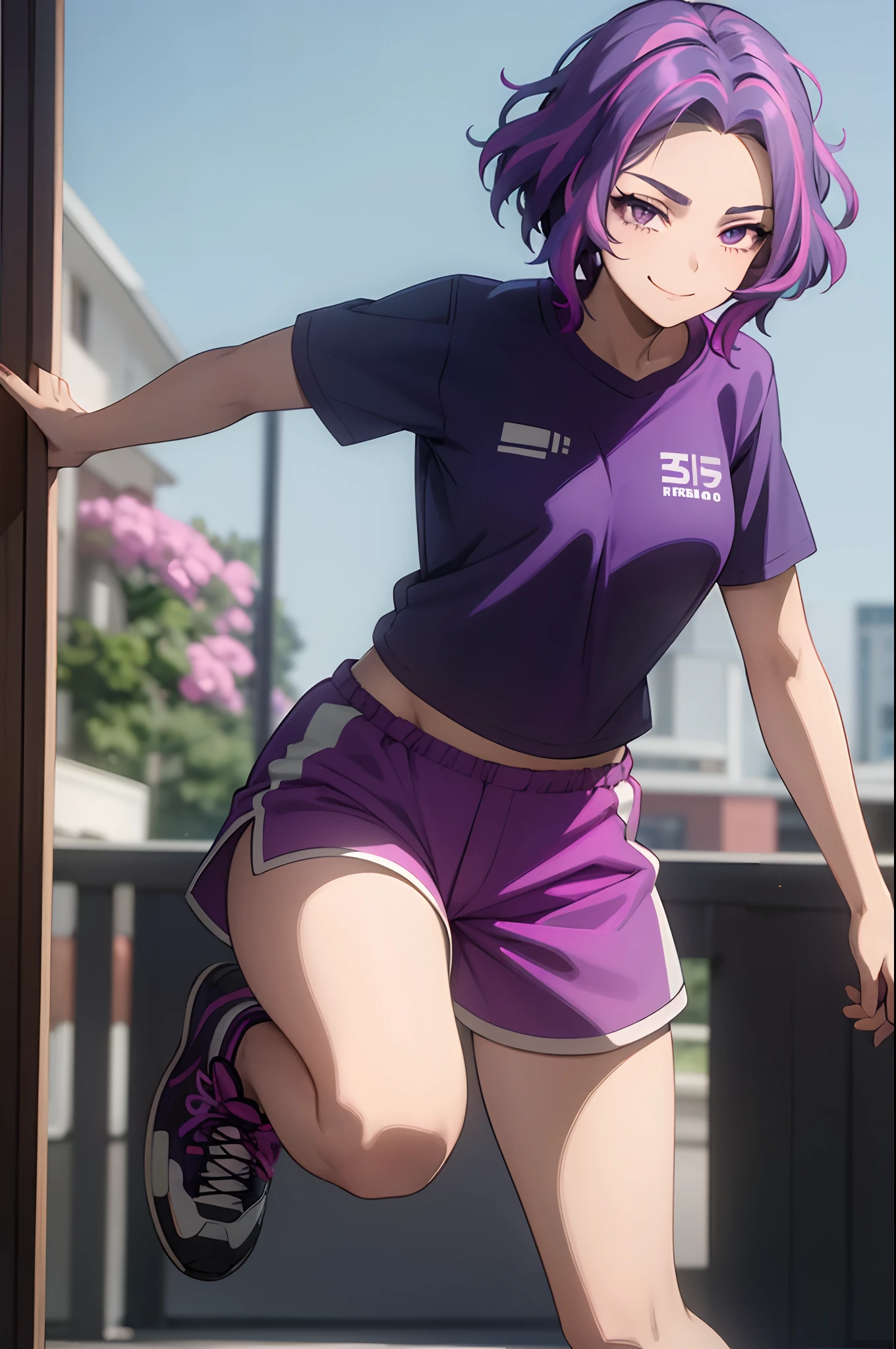 1girl, short hair, purple hair, multicolored hair, purple eyes, beautiful girl, smiling, looking at the camera, standing in front of a clump of roses, wearing shorts and t-shirt, white sneakers. Wearing a top and shorts, flowers, full-body photo, casual pose, slender legs