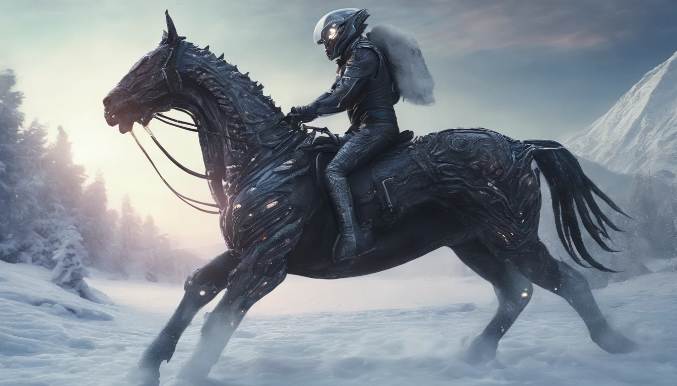 A young man rides a horse in the snow, high-quality face
