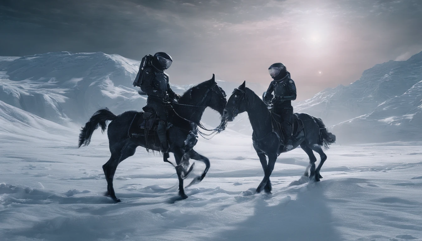 A young man rides a horse in the snow, high-quality face