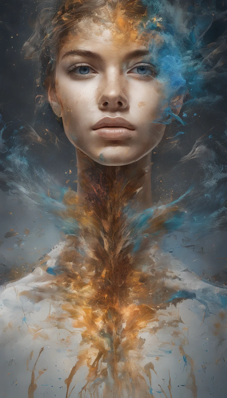 Perfect centralization, Fantastic particles, delight, Standing position, Abstract beauty, centre, Looking at the camera, Facing the camera, nearing perfection, Dynamic, highly detailed, Liso, foco nítido, 8K, A high resolution, illustration, Art by Carne Griffiths and Wadim Kashin, A background with distinct strokes, Background with fragment color, tons vívídos, Ink nebula background, 22 year old boy, olhos cor de mel, brunette color hair,The shape of the athletic physique, extremely detaile,Dissipate particles face will be look like real