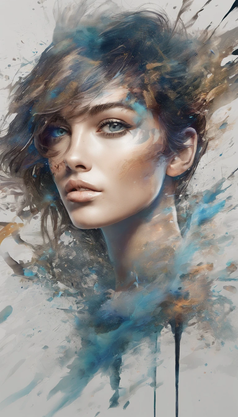 Perfect centralization, Fantastic particles, delight, Standing position, Abstract beauty, centre, Looking at the camera, Facing the camera, nearing perfection, Dynamic, highly detailed, Liso, foco nítido, 8K, A high resolution, illustration, Art by Carne Griffiths and Wadim Kashin, A background with distinct strokes, Background with fragment color, tons vívídos, Ink nebula background, 22 year old boy, olhos cor de mel, brunette color hair,The shape of the athletic physique, extremely detaile,Dissipate particles face will be look like real