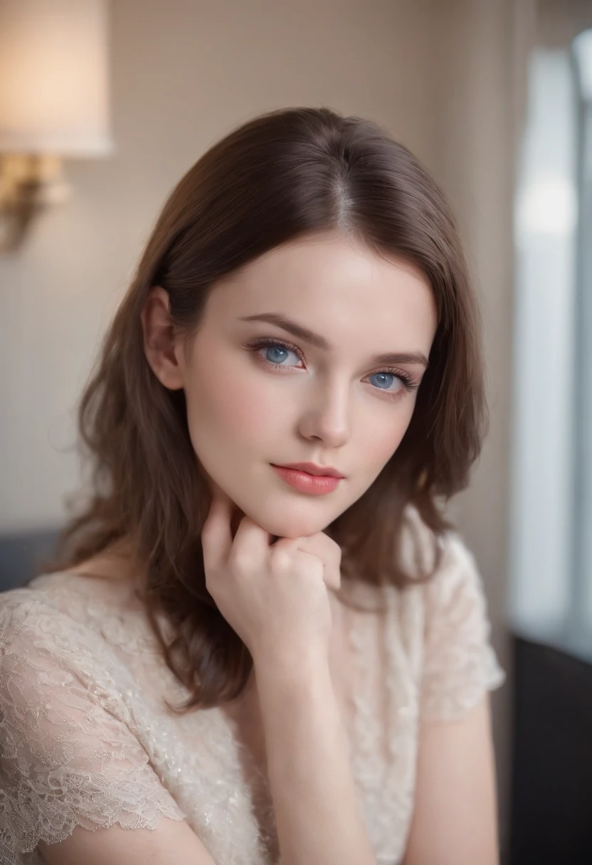 Fair complexion, Female, about 24 years old, Natural brown hair, Distinctive blue eyes, Wearing Kohl, slender and graceful, Beautiful, Beauty salon furnishings, ultra sharp focus, realistic shot, Clothes of the master hairdresser-stylist, Notebook colors (scar:1.4)