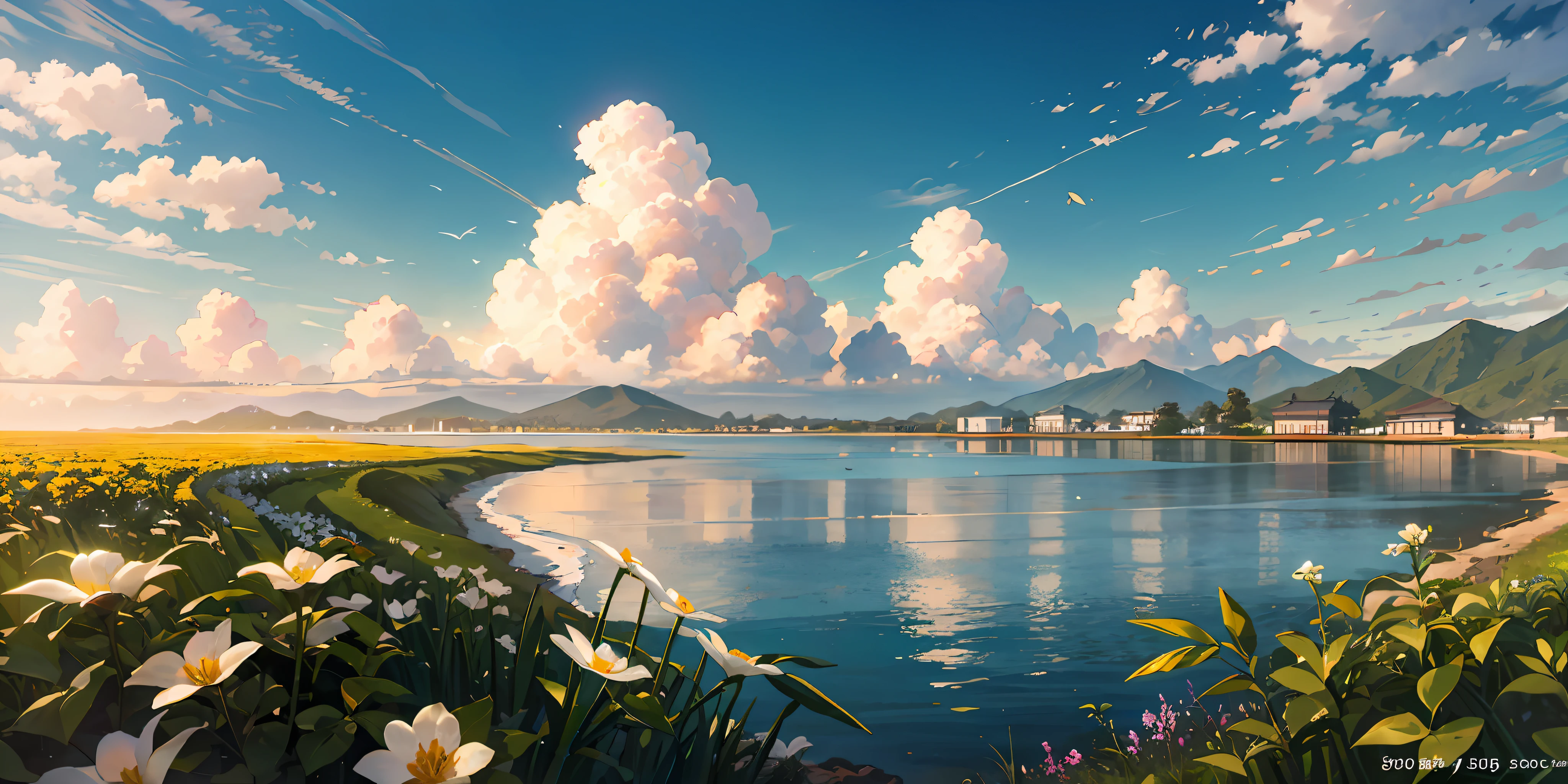 Masterpiece, Best quality, 8K, Wide-angle view, Sea, on a grassy field, flower sea, (bamboo forrest), in a spring,