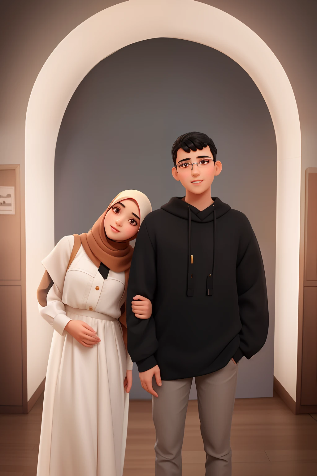 A young woman hijab of 5 years old beautiful with long black hair, and hazel eyes, glasses, wearing frock. The boy classroom background and studio lighting, standing pose, character close-up, character headshot portrait, character close-up.