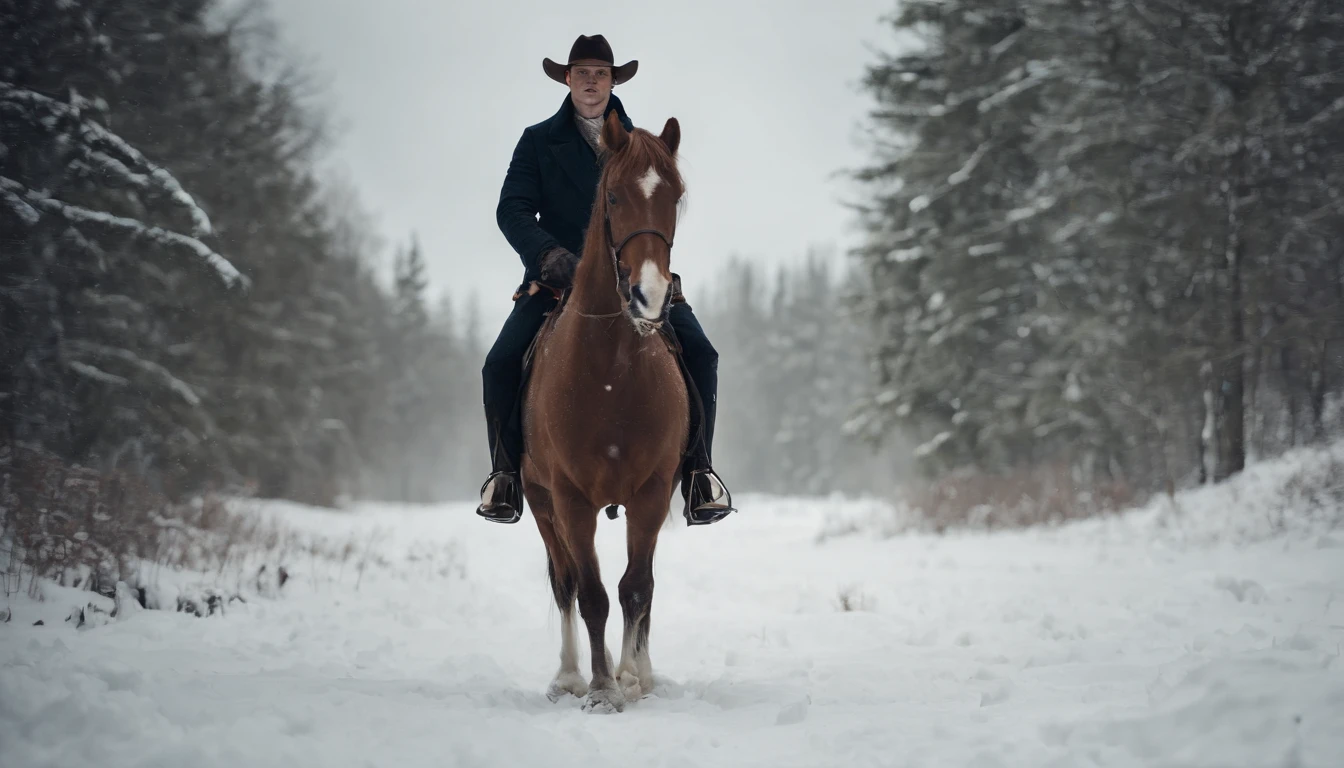 A young man rides a horse in the snow, high-quality face
