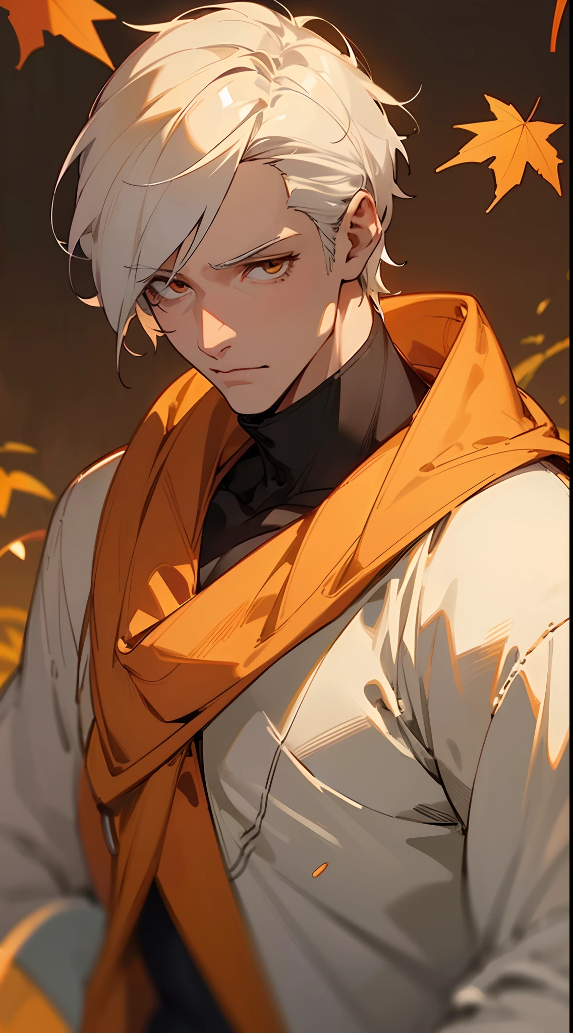 Handsome man , White hair , very Short hair , gold eyes , light skin , mature man , pale skin , muscular, tall , age 35 ,
(masterpiece, best quality:1.3),beautiful detailed glow,best illuminate,(((best quality,textile shading,ultra detailed))),extremely detailed CG unity 8k wallpaper,Highly Detailed beautiful and aesthetic,best light,high resolution,detailed,dynamic lighting , 1Character , pastel washed out colors , cell shade , soft, muted shades ,gentle colors ,
Wearing an orange turtle neck , close up head shot , fall colors , orange brown and leaves in the background, background blur, fall scene,