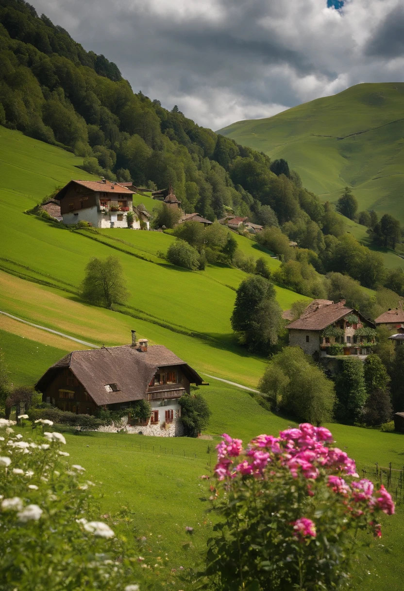 Peaceful and idyllic countryside, Rolling green hills dotted with grazing sheep, Charming villa,Set amidst vibrant flowers, Clear blue sky overhead, Evokes a sense of peace and simplicity, Valle encantador, switzerland, patches of green fields, lush countryside, Valle exuberante,An idyllic village in Milan,,verdant green fields,above a village,Rolling terraces,Colorful garden of flowers and plants,Alpine scenery in the Swiss countryside under the Alps,Carl Sessel Bern,Majestic nature, Swiss architecture, lindo cenario, rios,waterfallr