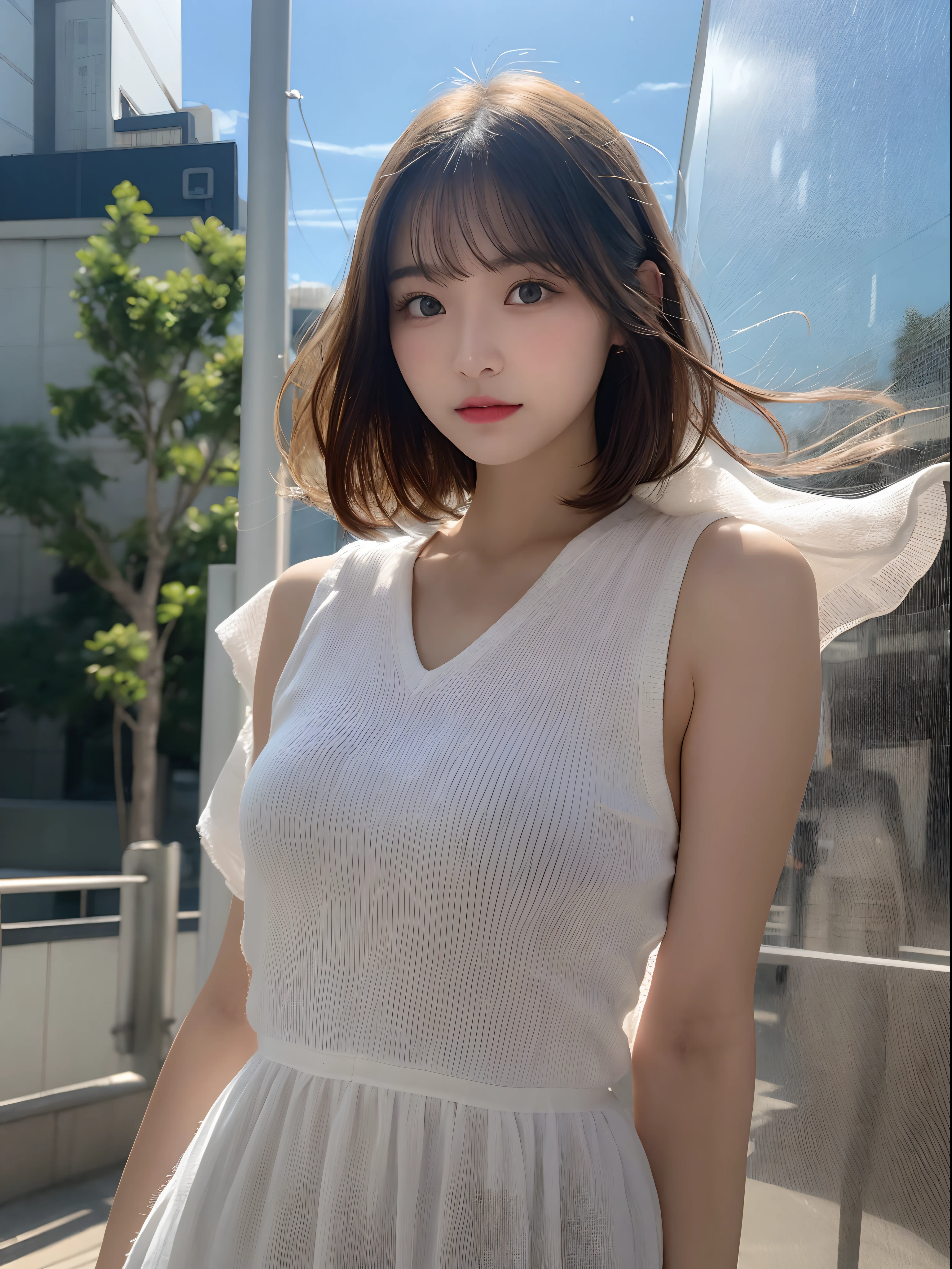 Detailed details,、hight resolution、hightquality、Perfect dynamic composition、Beautiful detailed eyes、short-hair、small breasts、Natural Color Lip、Kamimei、Shibuya、20 years girl、1 persons、Transparent skin、Glowing hair、masutepiece、Best Quality、finely detail、hight resolution、8K、The correct state of the human body、randome pose、Gravure Model Pose、Hair soaring in the wind