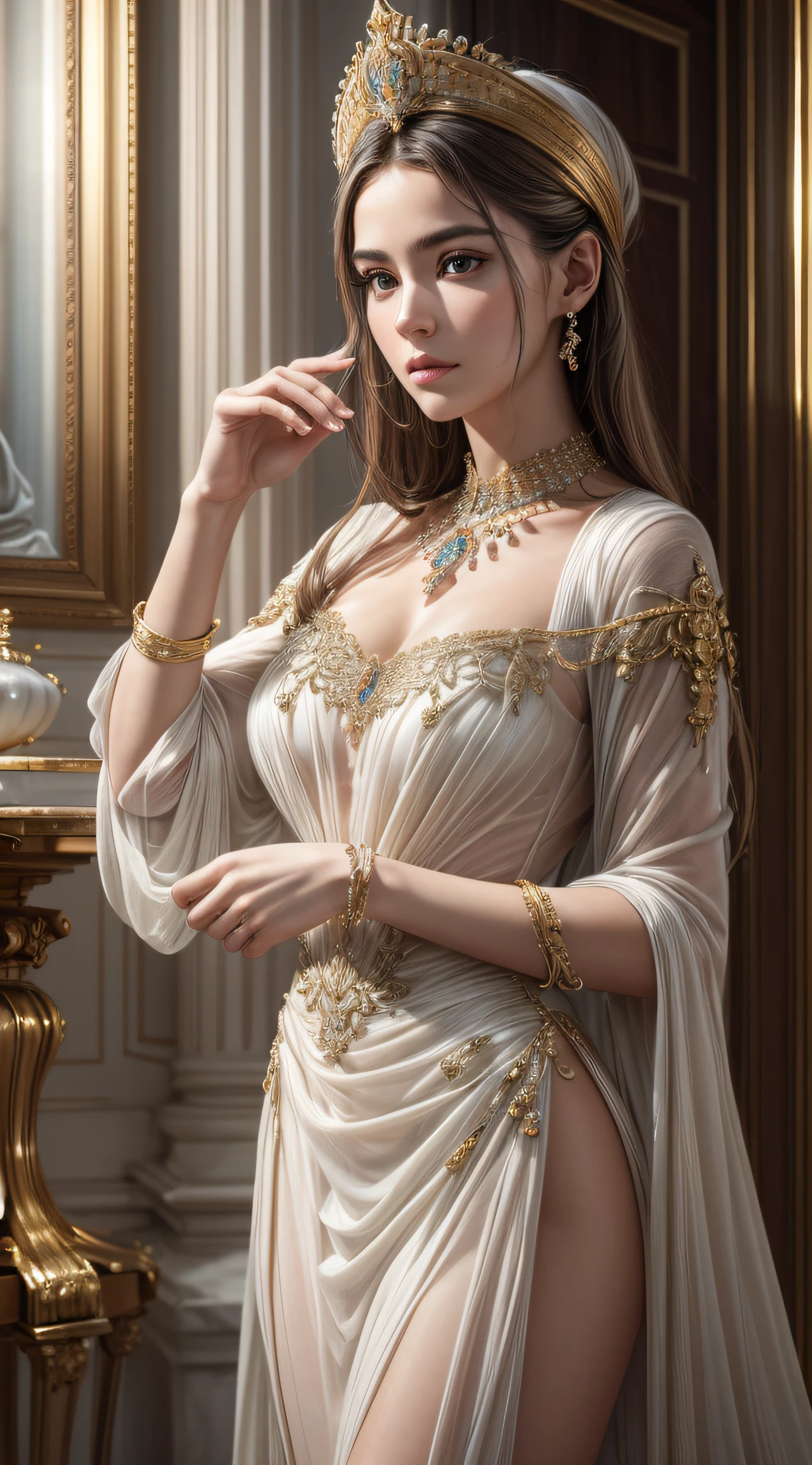 Photorealistic Production, (Realistic Image of a beautiful woman (Morena Baccarin:Alyssa Sutherland:0.5)), (Athletic Body:1.4), (Detailed Skin:1.2), (Wearing a Plunging White Ornated Kebaya Dress with Silk Cloth and Golden Jeweleries:1.6), (Sly Face), (Deep Cleavage), (Various Poses:1.6), Centered, From Front Shot, Intricately Detailed, Intricate Face Detail, Intricate Hand Details, Cinematic Shot and Lighting, Realistic Colors, Masterpiece, Sharp Focus, Ultra Detailed, Taken with DSLR camera, Realistic Photography, Depth of Field, Incredibly Realistic Environment and Scene, Master Composition and Cinematography, from behind