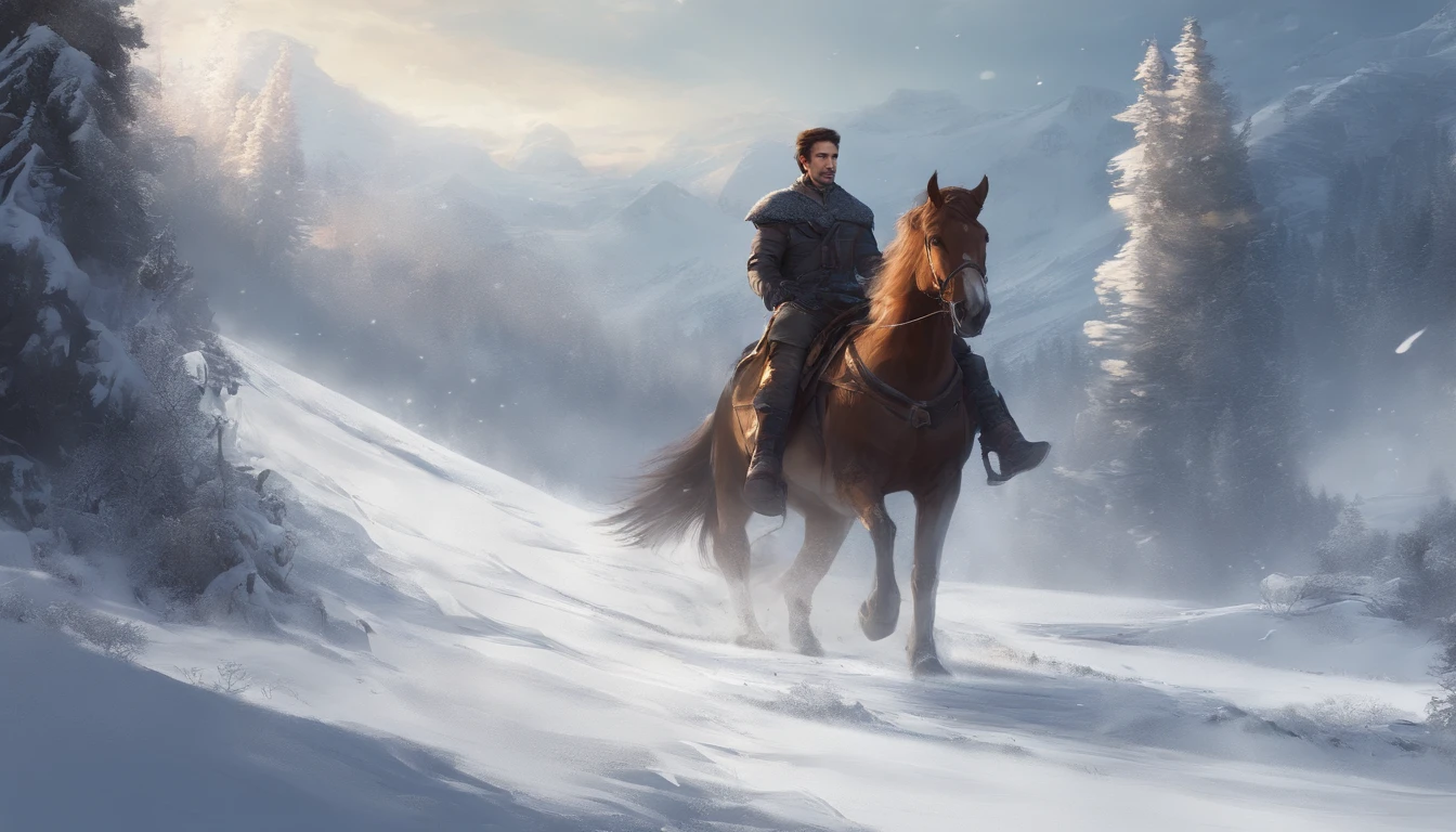 A young man rides a horse in the snow, high-quality face