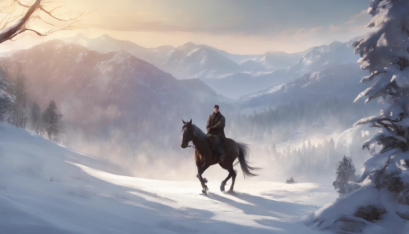 A young man rides a horse in the snow, high-quality face