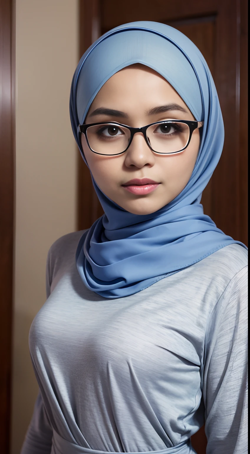 cowboy_pose,naughty, (iu:0.8),cleavage, RAW, Best quality, high resolution, Masterpiece: 1.3, Beautiful glasses pearl_skinned sexy hijabi swedish teen , Masterpiece, Soft smile