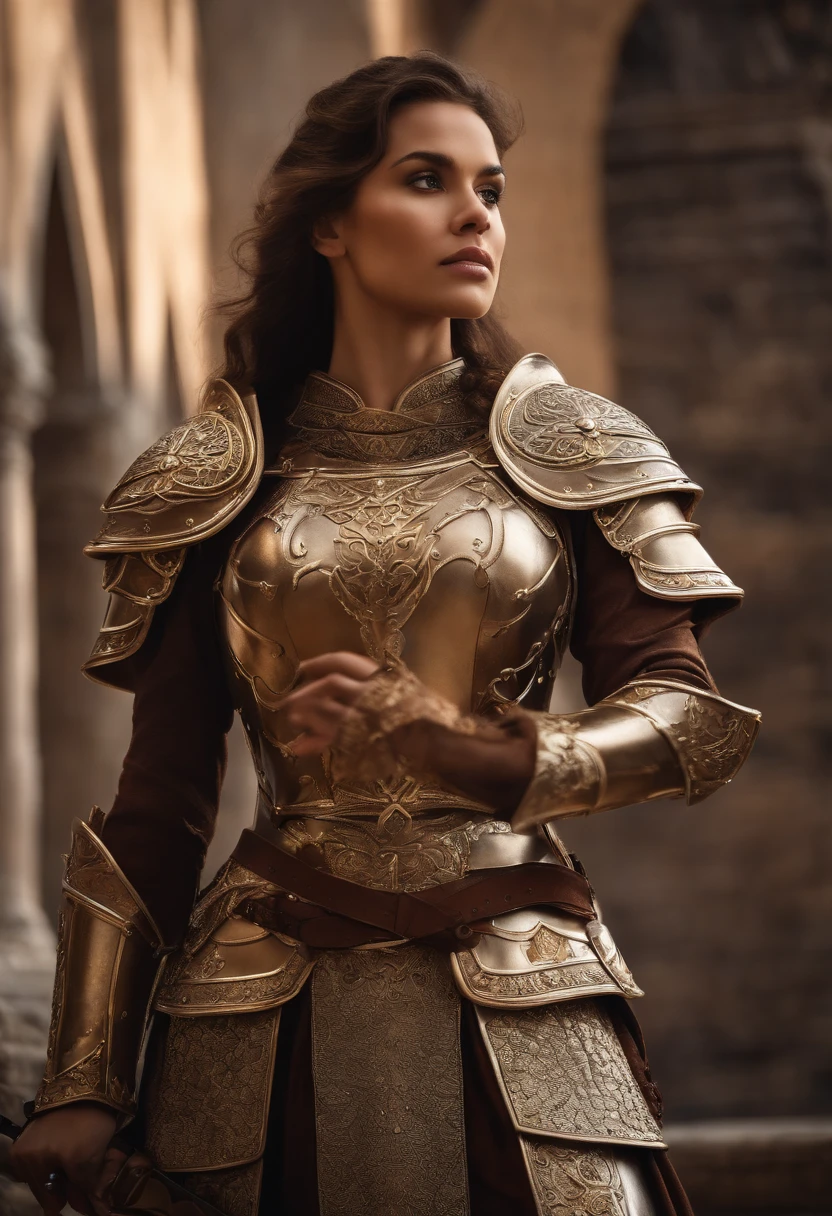Royal Knights,Gorgeous heavy armor wraps the whole body,Point the Knight's Sword to the sky,sportrait,closeup cleavage,Solemn,flatchest,modest,humble,Cinematic, hdr, primitive, Intricate, High quality, Gorgeous shades, Intricate details, super-fine,oc rendered