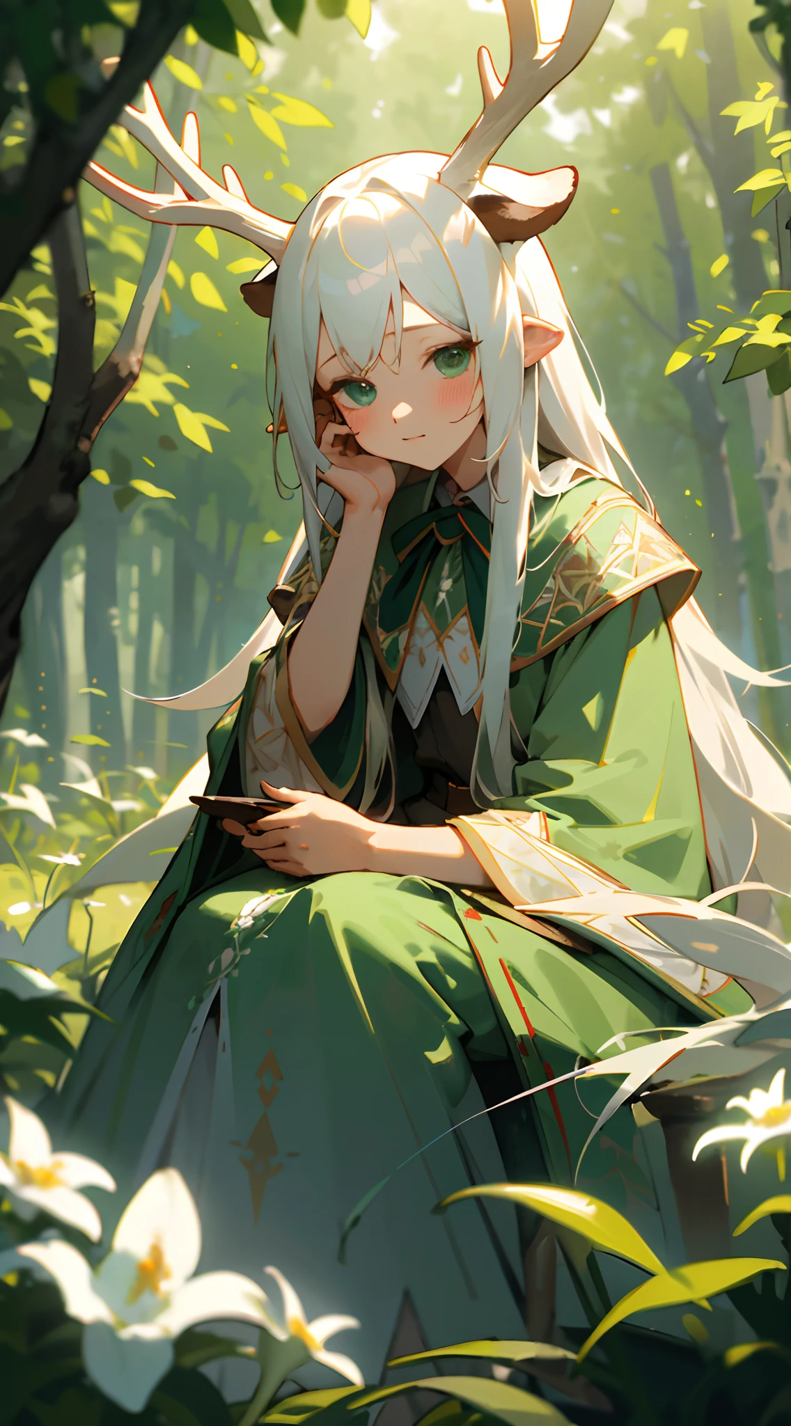 ​masterpiece　Deer antlers　One girl with long white hair sitting in a field of green plants and flowers、Put your hands on your cheeks　Warm lighting、barechested、Blurred foreground　in woods　stain glass　Fantastical　Leprechaun　in green