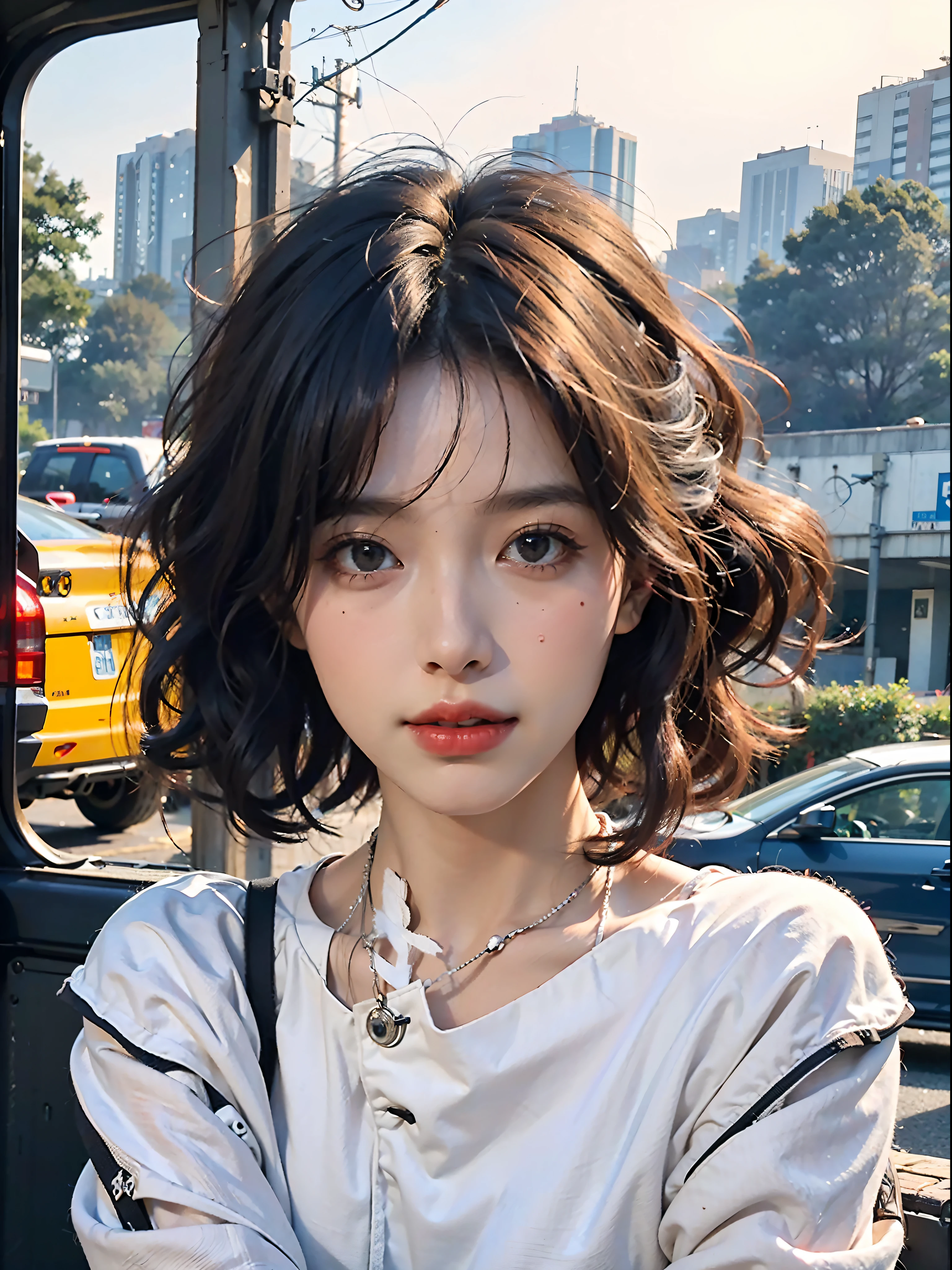 Random posture, mix4,(8k, RAW photo, best quality, masterpiece:1.2), (realistic, photo-realistic:1.37),1girl,cute,cityscape, night, rain, wet, professional lighting, photon mapping, radiosity, physically-based rendering,, gradient black colour hair,, White hair, short curly hair, handsome, girl, white ball suit, top quality picture, high resolution, 1080p, (clear face), (detailed facial description), (detailed hand description), (masterpiece), (exquisite CG), extreme light and shadow, messy hair, master's work, rich details, (fine facial features), (highest quality picture), (masterpiece), (detailed eyes),Look ahead with your eyes,Fine collarbone