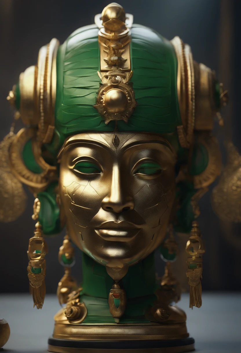 there is a green statue with a gold mask on it, 8 k hd wallpaperjpeg artifact, 8k hd wallpaperjpeg artifact, 3 d sculpture 8 k octane render, 3 d maya render, portrait of a robot shaman, 3 d toy aztec gods as funco toy, 3 d sculpture octane render 8 k, robot face bust