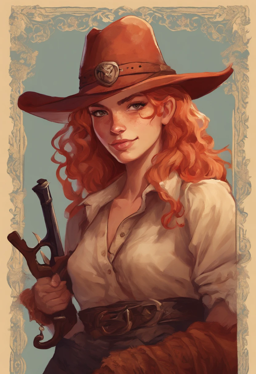 portrait of a woman with horns holding a pistol gun, tiefling, dnd portrait of a tiefling, tiefling female gunslinger cowboy outlaw, tiefling from d & d, attractive tiefling druid, alluring tiefling druid, tiefling rogue, blue tiefling, tiefling bard, cosmic tiefling d&d, dnd character art portrait, dnd character concept portrait. sexy cute adult. light red skin, red blonde strawberry blonde hair, and red horns. Old western style, cowboy outlaw