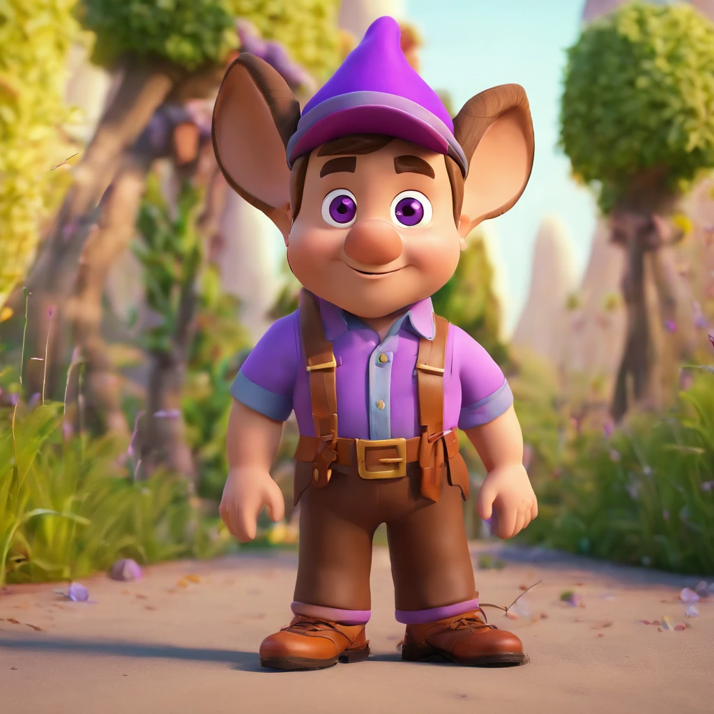 There is a little toy dwarf that is standing on a path,
(((light green shirt))),(((Purple hat))),
(((brown pants))), (((brown shoes))),
(((big floppy ears))),
Disney realistic photo