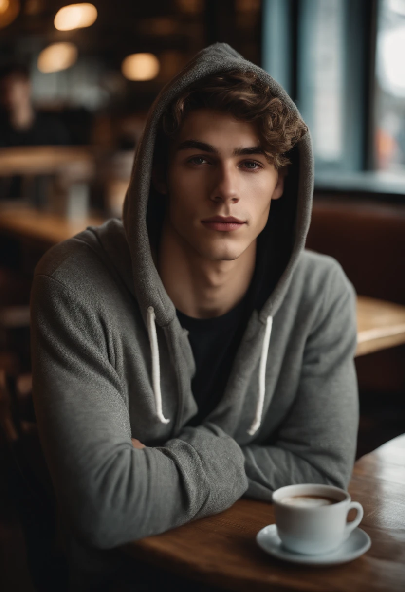 Portrait of a handsome male model in a coffee shop, 18 ans, hoodie, sans barbe, with short wavy hair, yeux bleus, thick lips