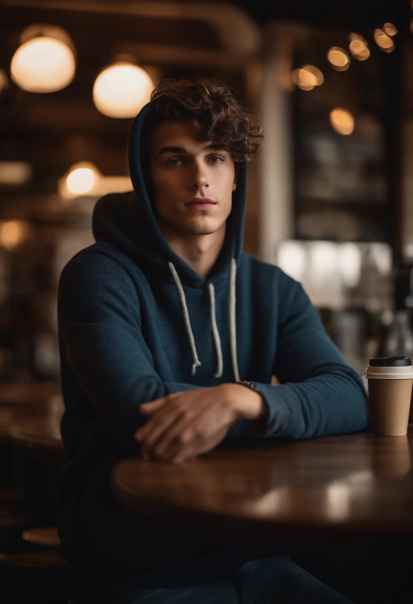 Portrait of a handsome male model in a coffee shop, 18 ans, hoodie, sans barbe, with short wavy hair, yeux bleus, thick lips